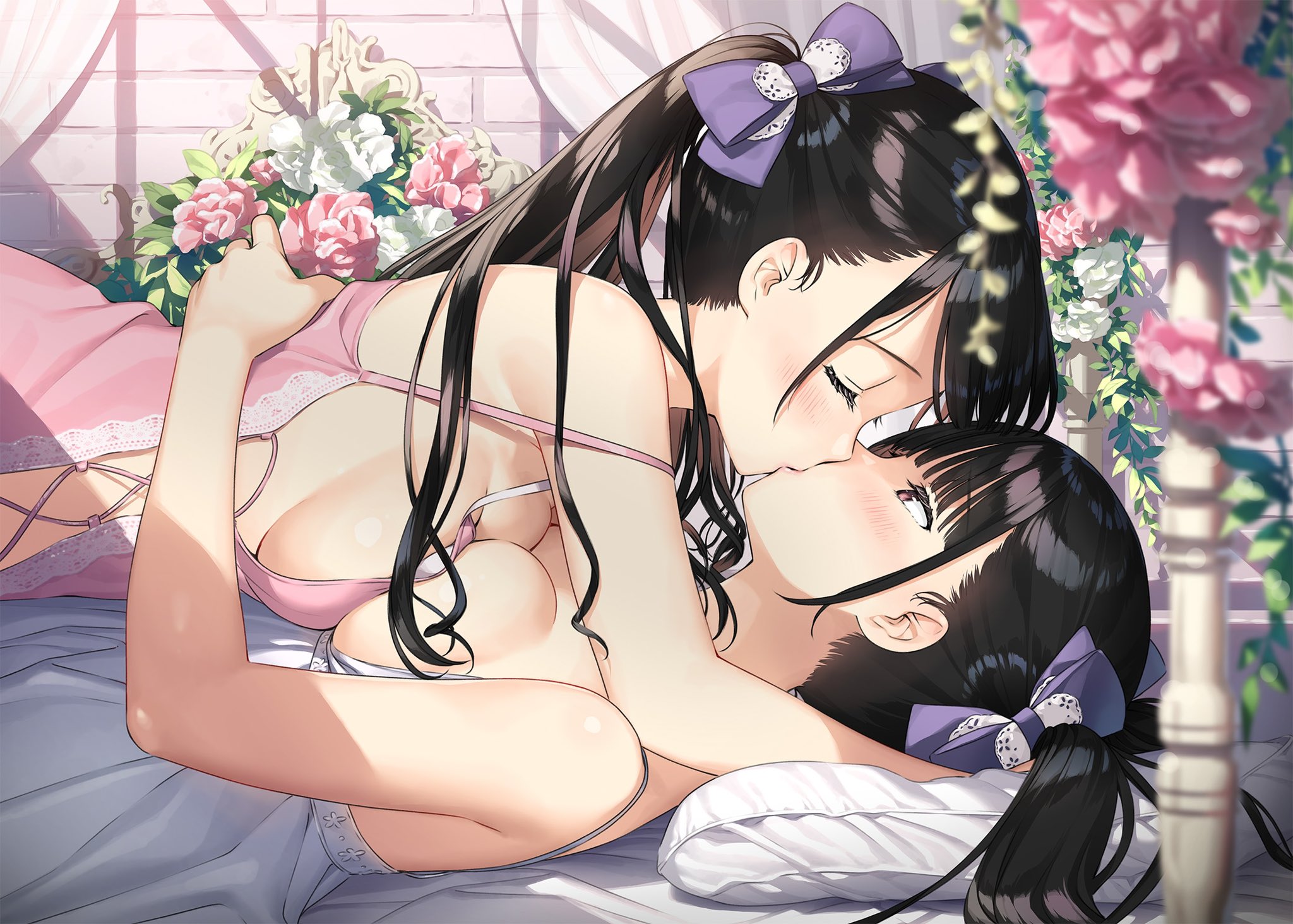 Anime 2048x1464 Kantoku two women straddling black hair hair ribbon big boobs kissing boobs on boobs pressed boobs lingerie profile lying on back lying down long hair bare shoulders sisters underwear purple bow brown eyes nightgown hugging pink flowers white flowers in bed blushing closed mouth pillow yuri twins anime anime girls