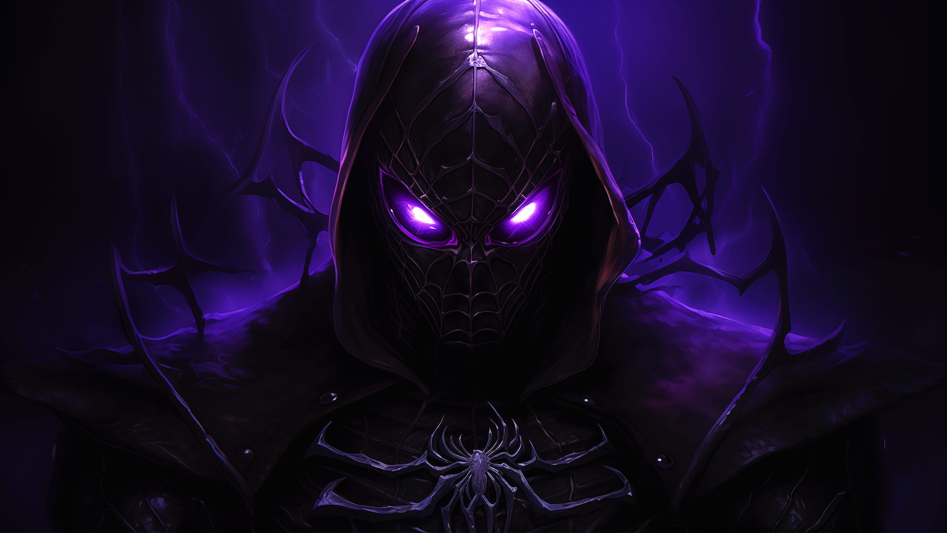General 1920x1080 AI art Spider-Man (2018) purple glowing eyes fictional creatures spider dark Spider web pattern mask fictional character evil looking at viewer purple eyes hoods