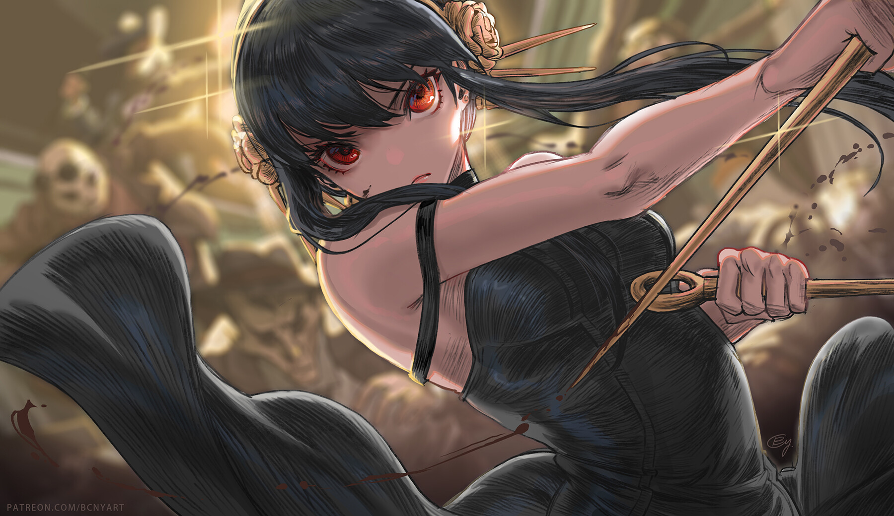 Anime 1800x1040 Yor Forger red eyes Spy x Family BcNyART looking at viewer long hair black hair closed mouth anime girls bare shoulders watermarked weapon signature dual wield hair between eyes anime blood choker frown earring hairband black dress dress