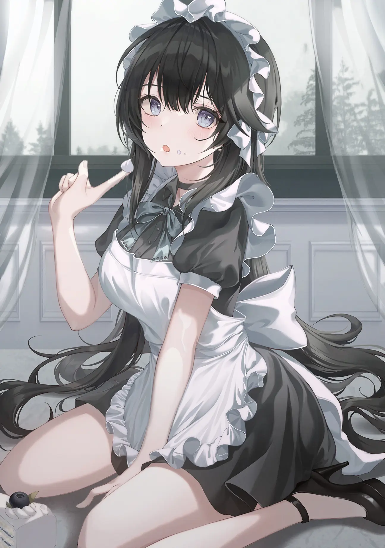 Anime 1295x1839 anime girls maid maid outfit cake sweets blue eyes