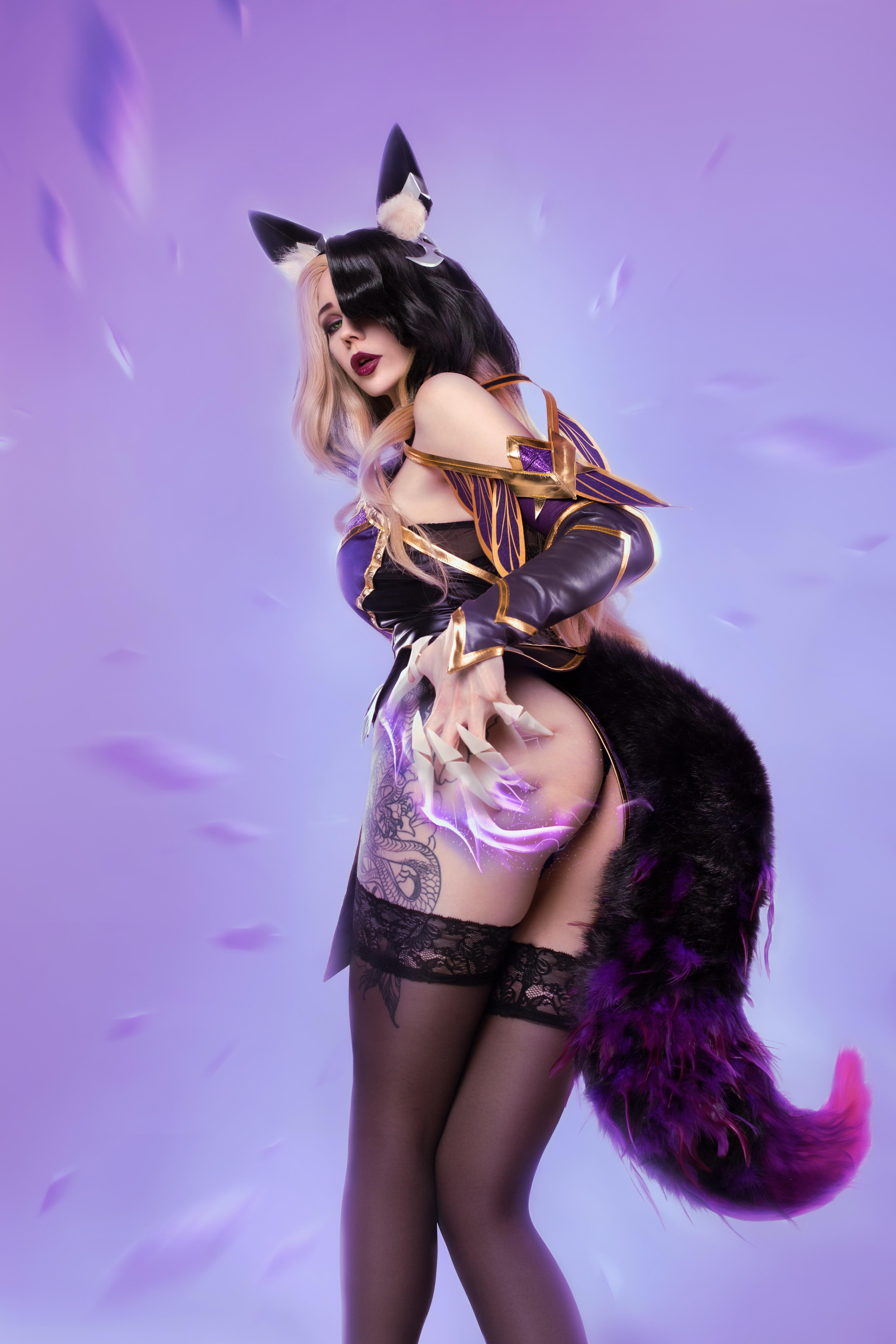 People 3840x5760 Erika Vlasova cosplay Ahri (League of Legends) KDA Ahri ass tattoo tail fox ears stockings women