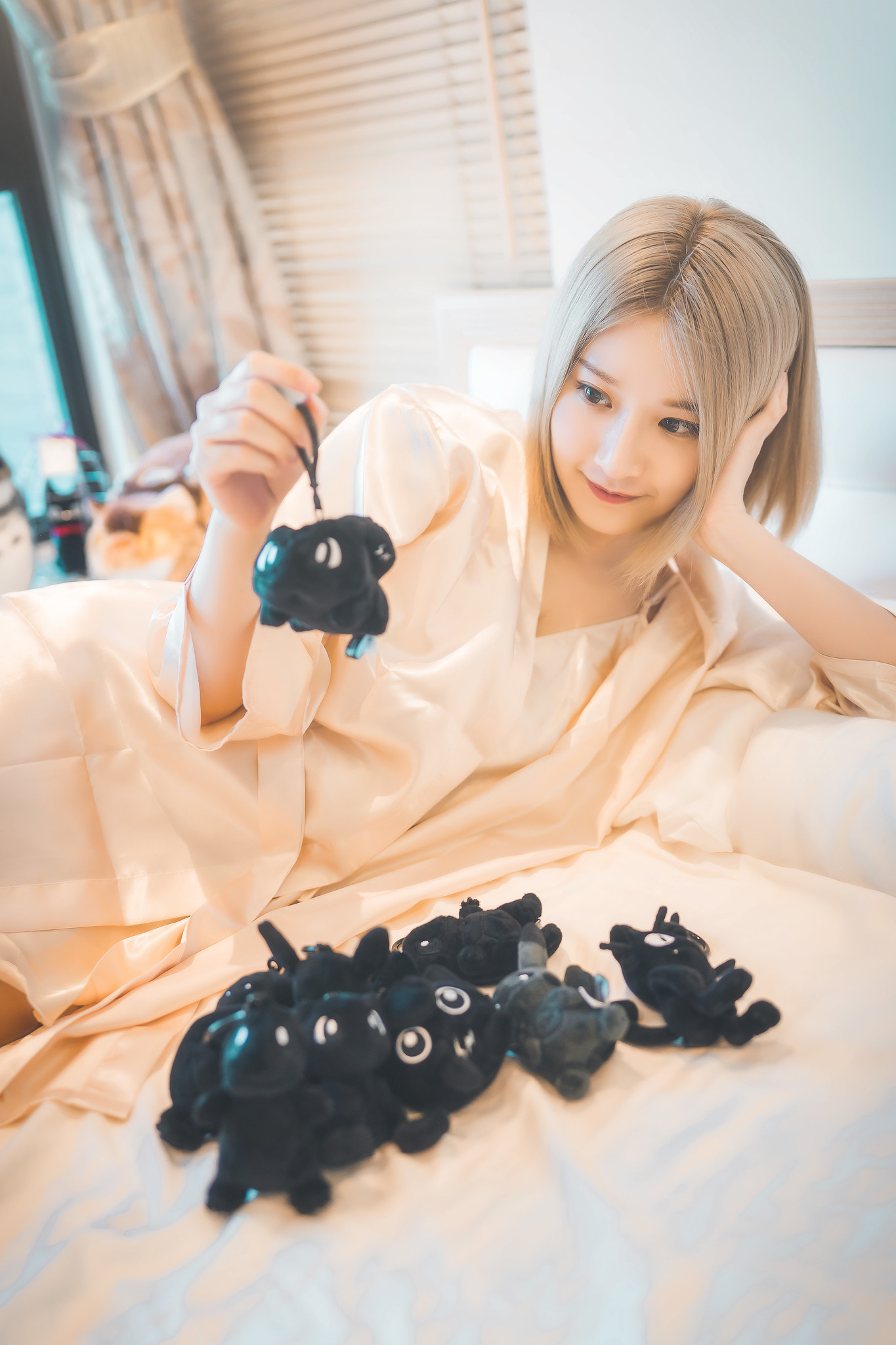 People 1365x2048 Asian model women indoors indoors plush toy toys dyed hair blonde lying on side looking away shoulder length hair in bed bed Pokémon women