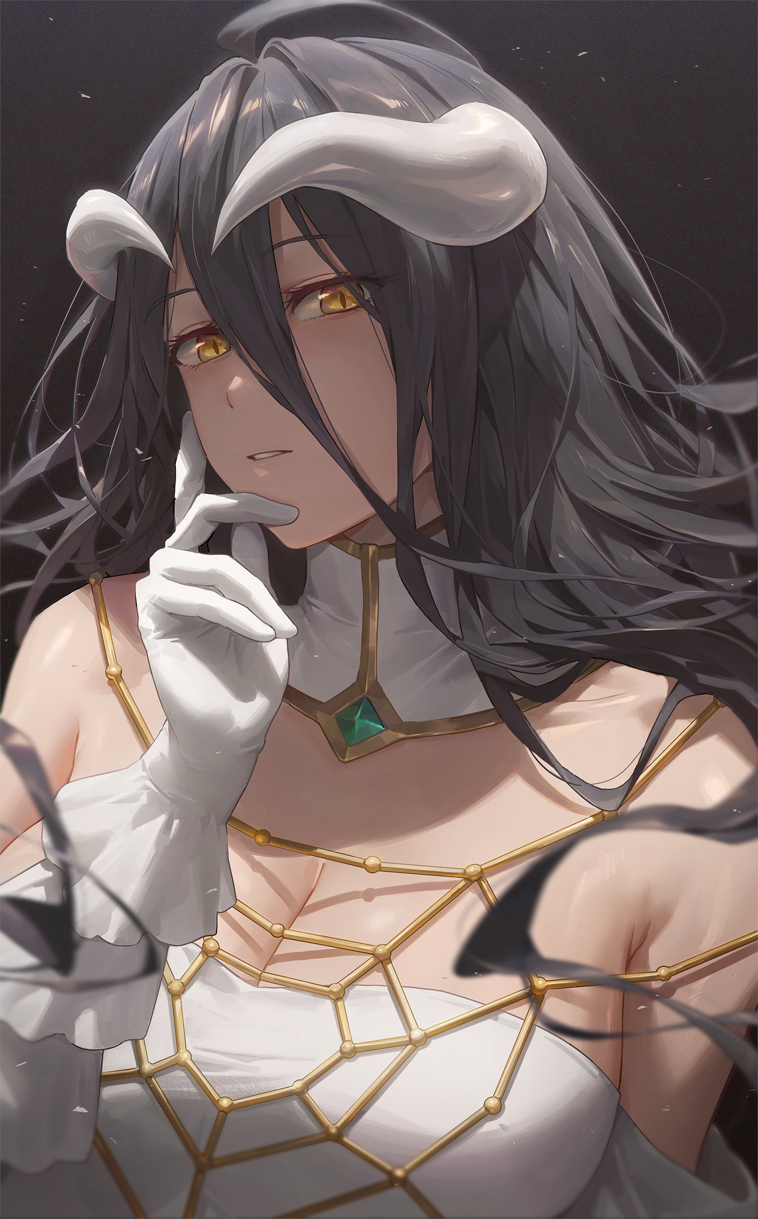 Anime 1500x2411 Yohan1754 Overlord (anime) Albedo (OverLord) bangs bare shoulders black hair blush cleavage demon girls dress gloves horns big boobs long hair looking at viewer white dress white gloves yellow eyes suggestive anime girls