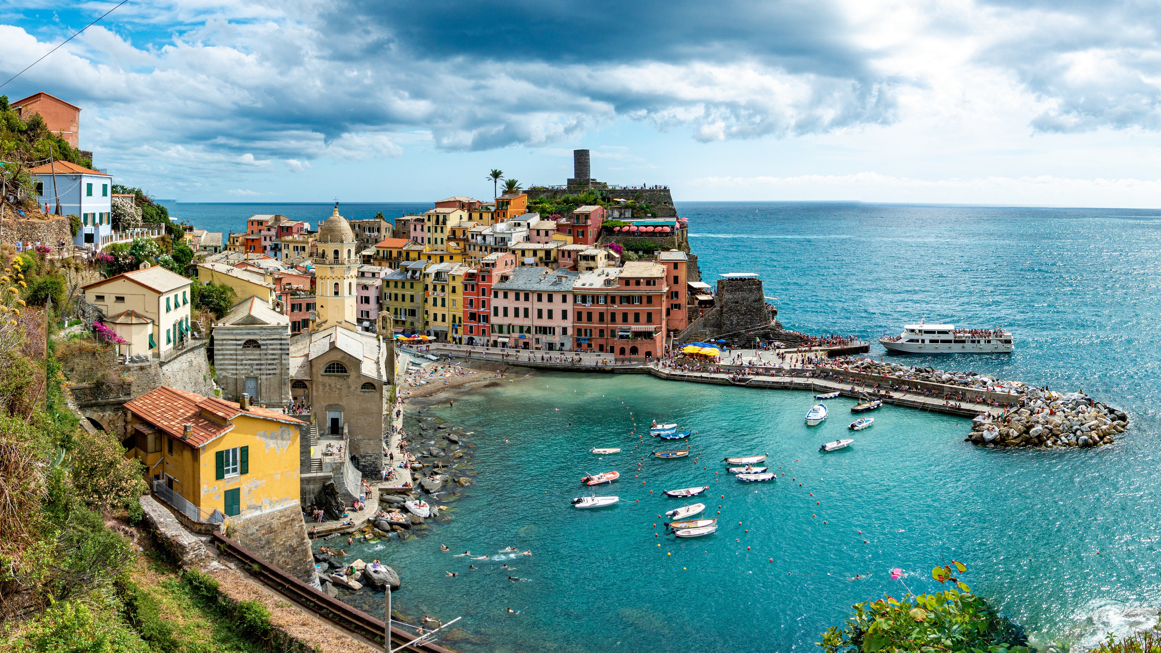 General 3840x2160 Italy Vernazza sea town sky clouds Cinque Terre boat water Liguria