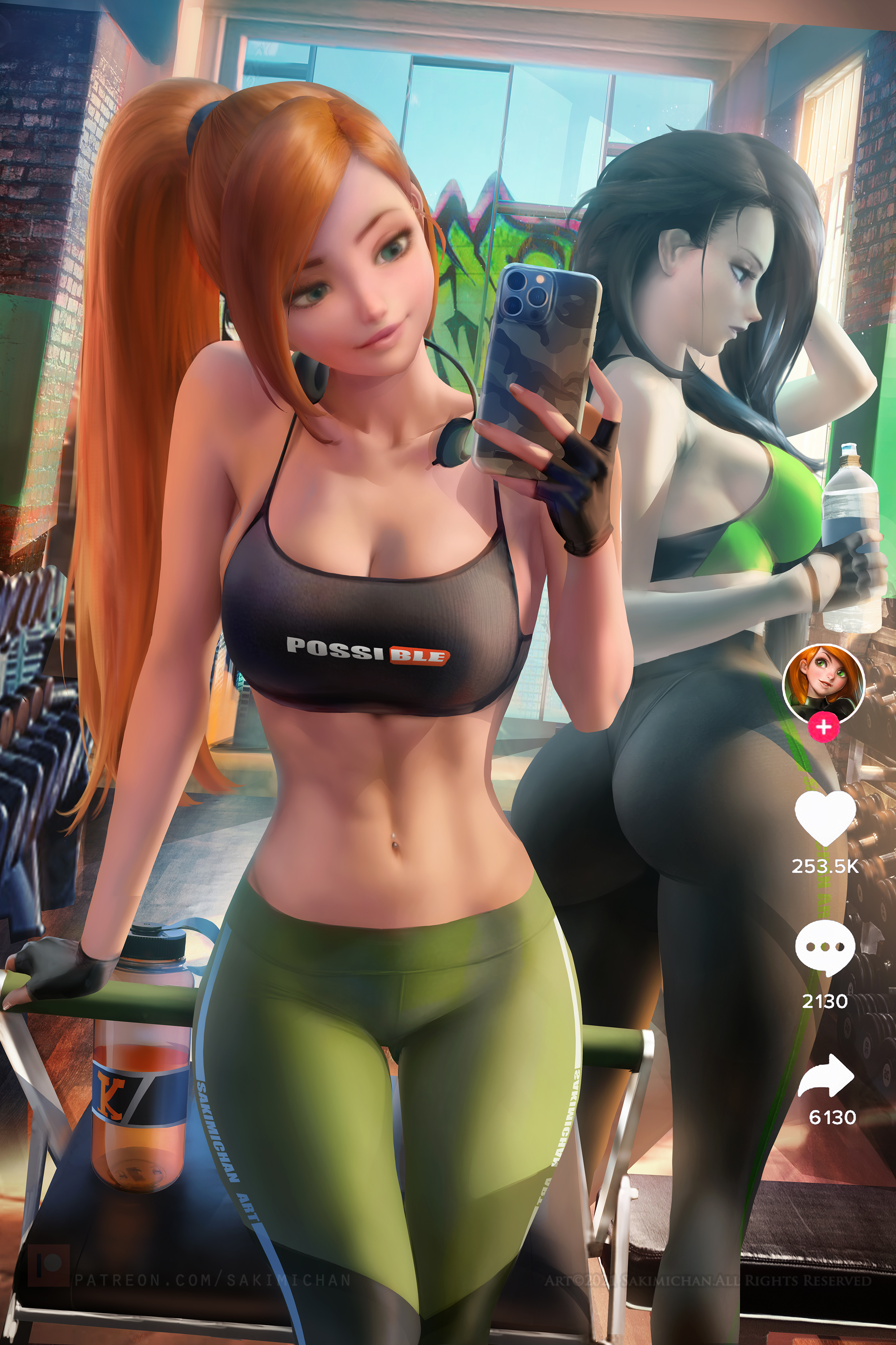 General 2333x3500 Kimberly Ann Possible Shego Kim Possible TV series fictional character 2D artwork drawing fan art Sakimichan gyms selfies reflection cartoon yoga pants water bottle cleavage ponytail ass big boobs sideboob phone cellphone digital art portrait display watermarked