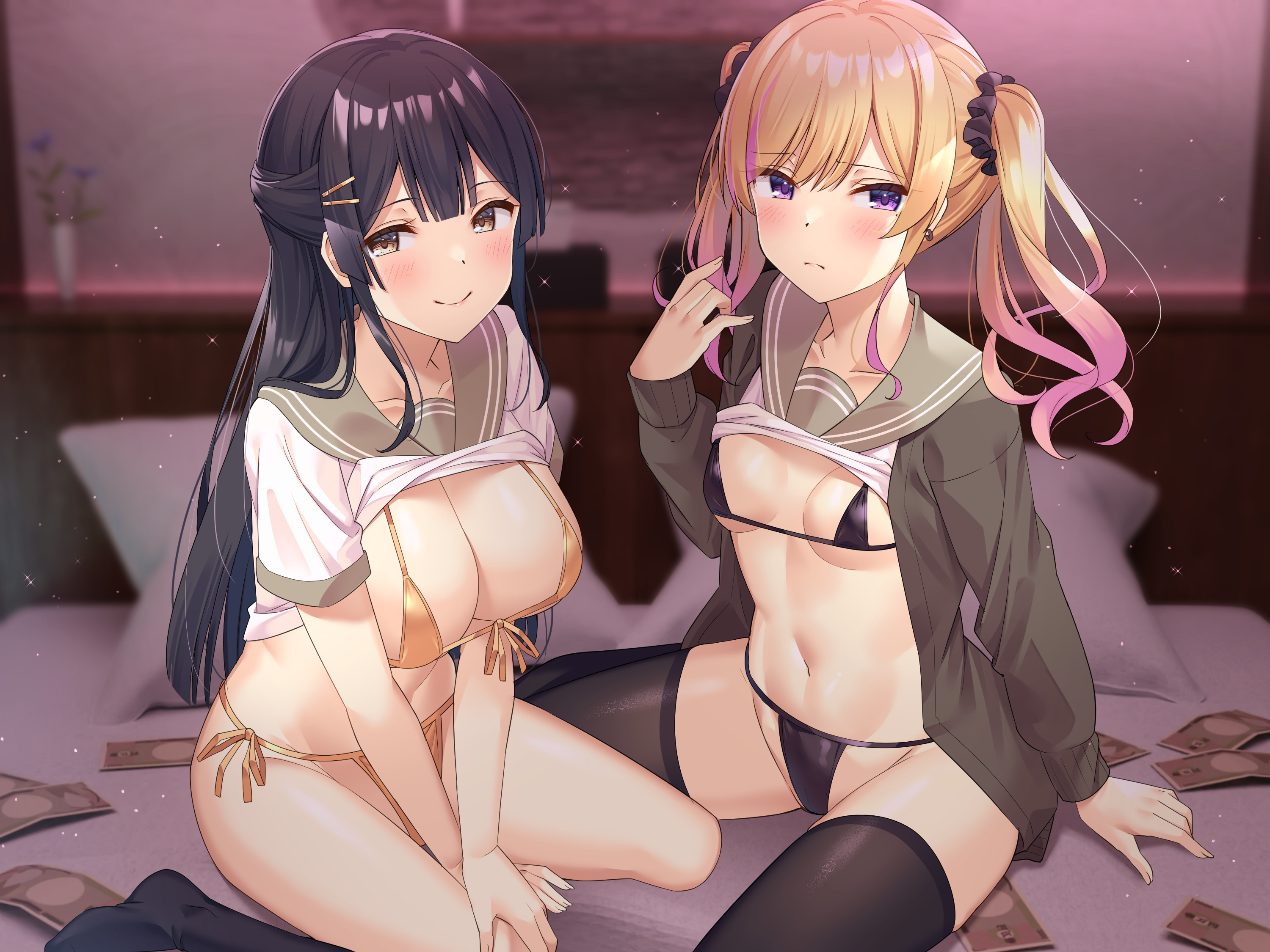 Anime 3000x2250 anime anime girls schoolgirl school uniform bikini stockings money big boobs small boobs boobs prostitutes two women