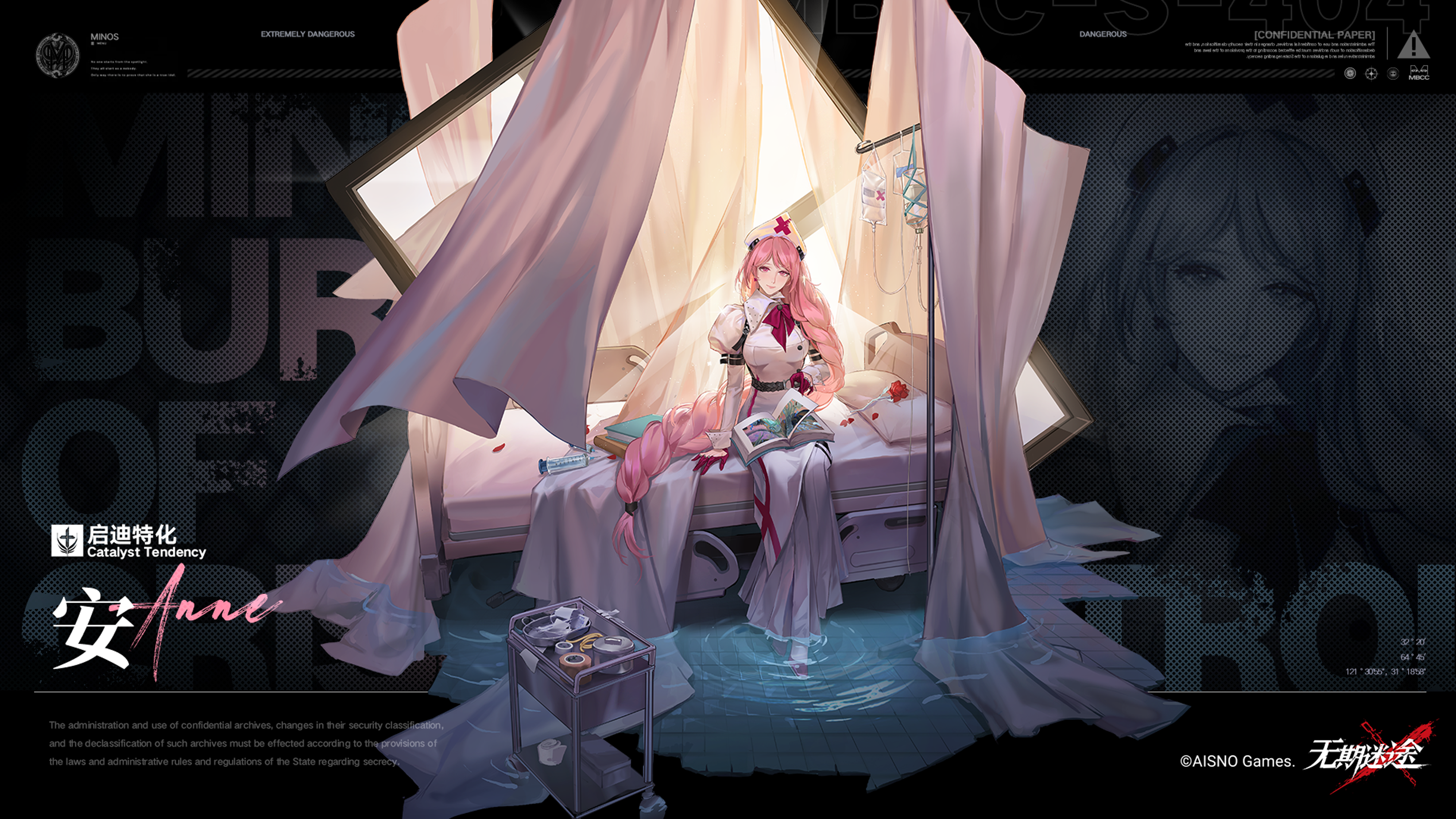 Anime 3000x1688 MBCC Path to Nowhere anime girls braids nurses nurse outfit water pink hair pink eyes bed