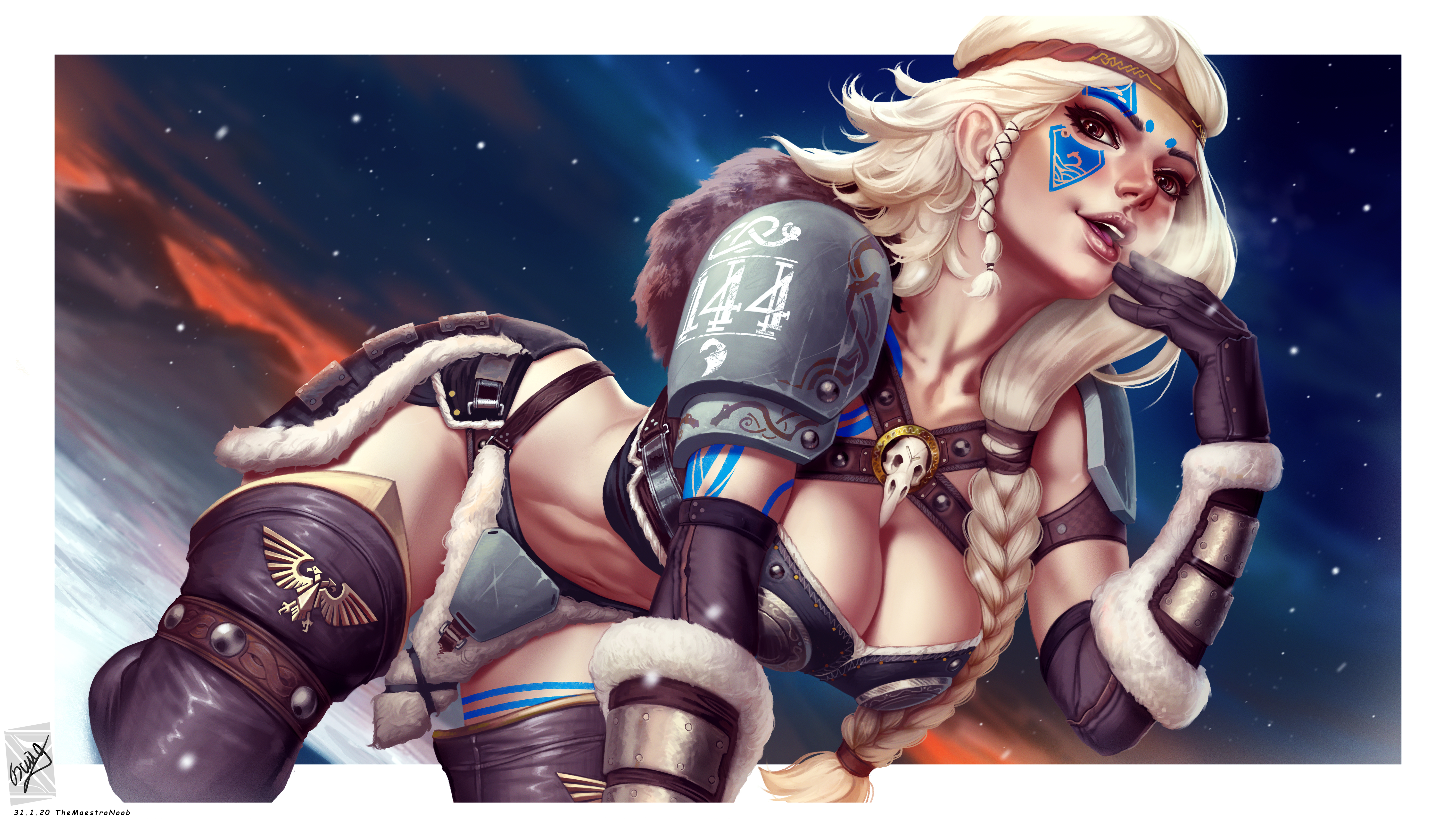 General 6000x3375 Vikings blonde cleavage armor loincloth bent over sky thigh high boots arm warmers Warhammer Warhammer 40,000 video games video game girls video game characters 2D artwork drawing fan art TheMaestroNoob big boobs braids space wolves