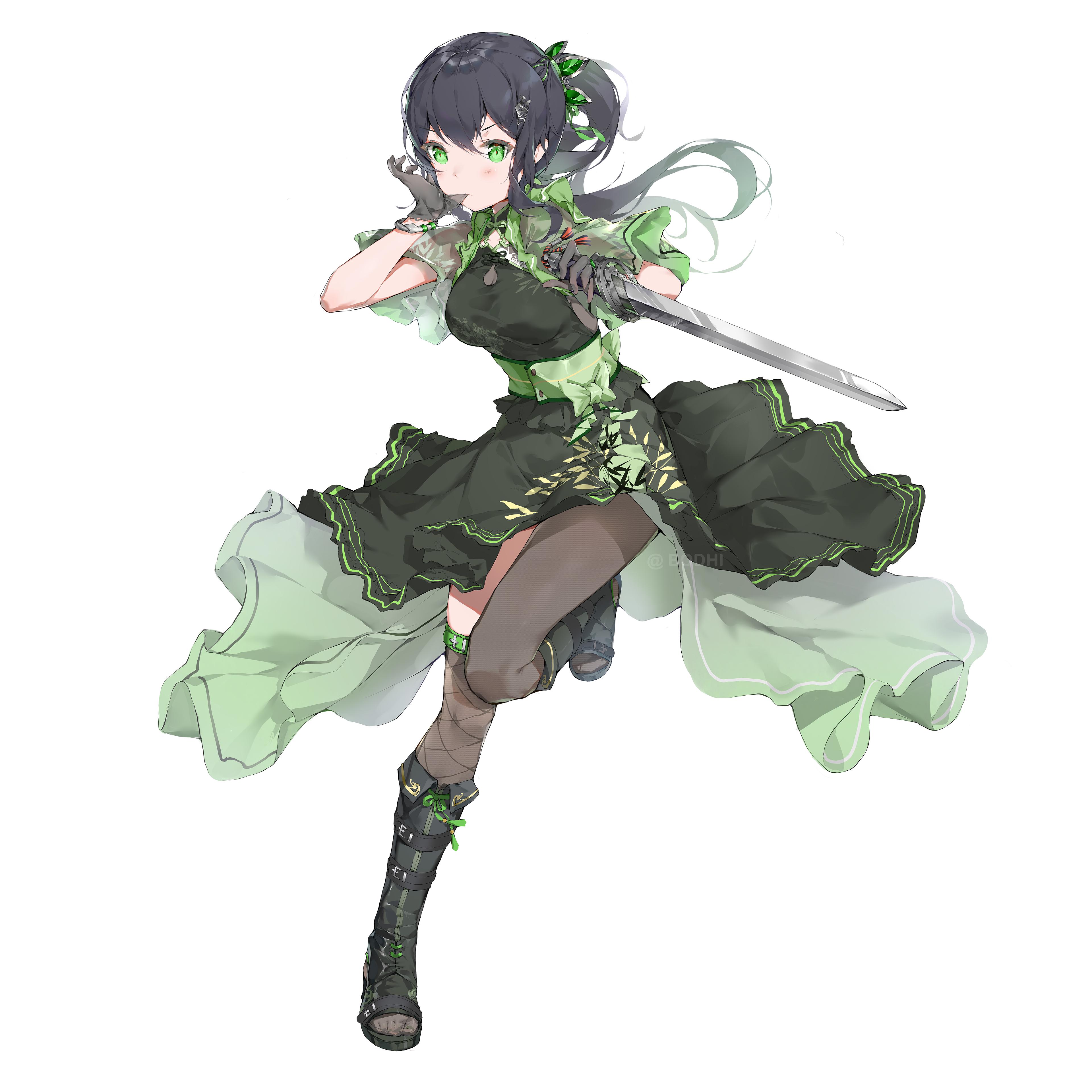 Anime 3840x3840 BODHI Bodhi Wushushenghua anime girls green eyes dress sword weapon gloves simple background minimalism