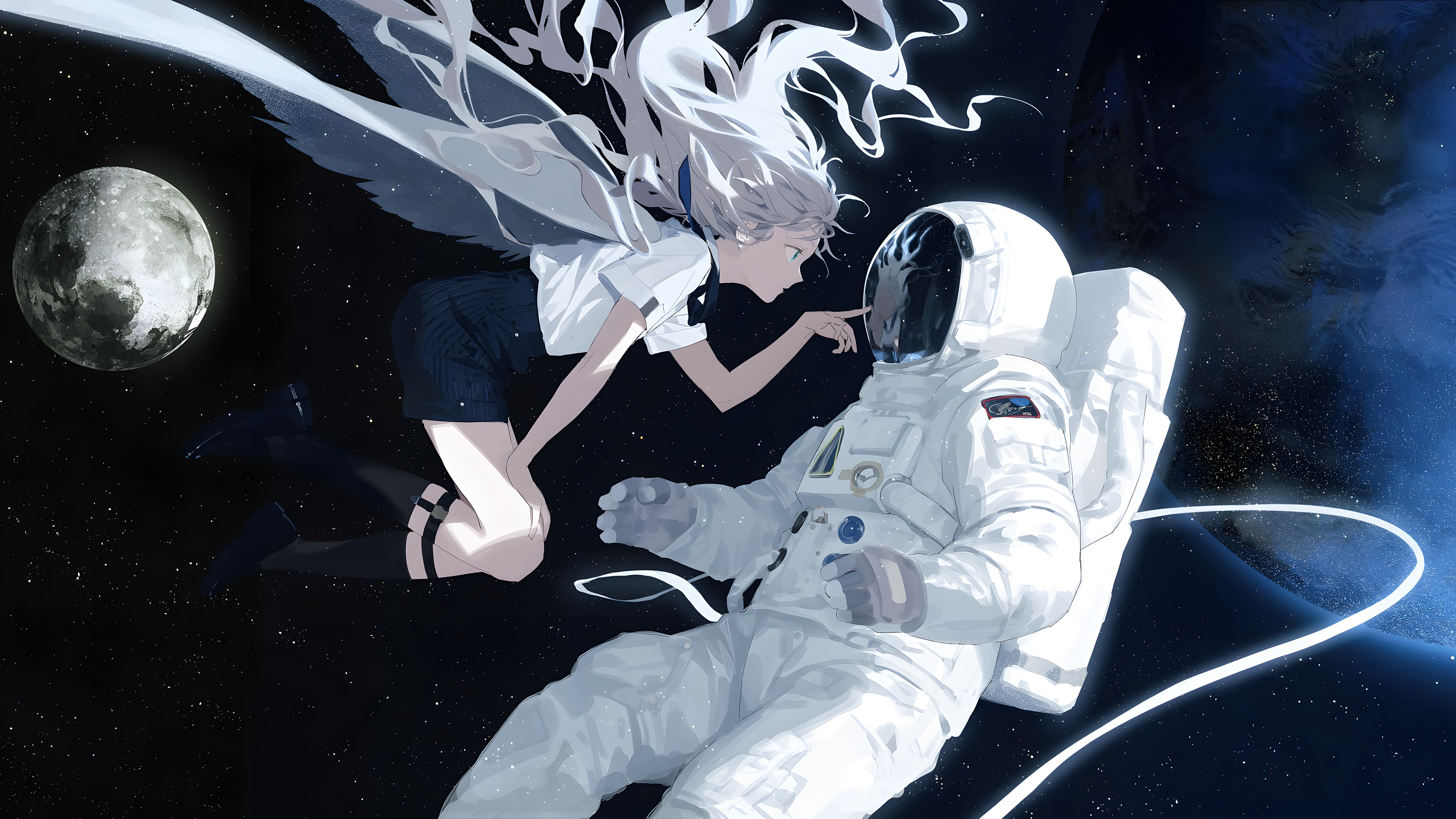 Anime 3840x2160 anime anime girls Earth Moon white hair profile space stars spacesuit
