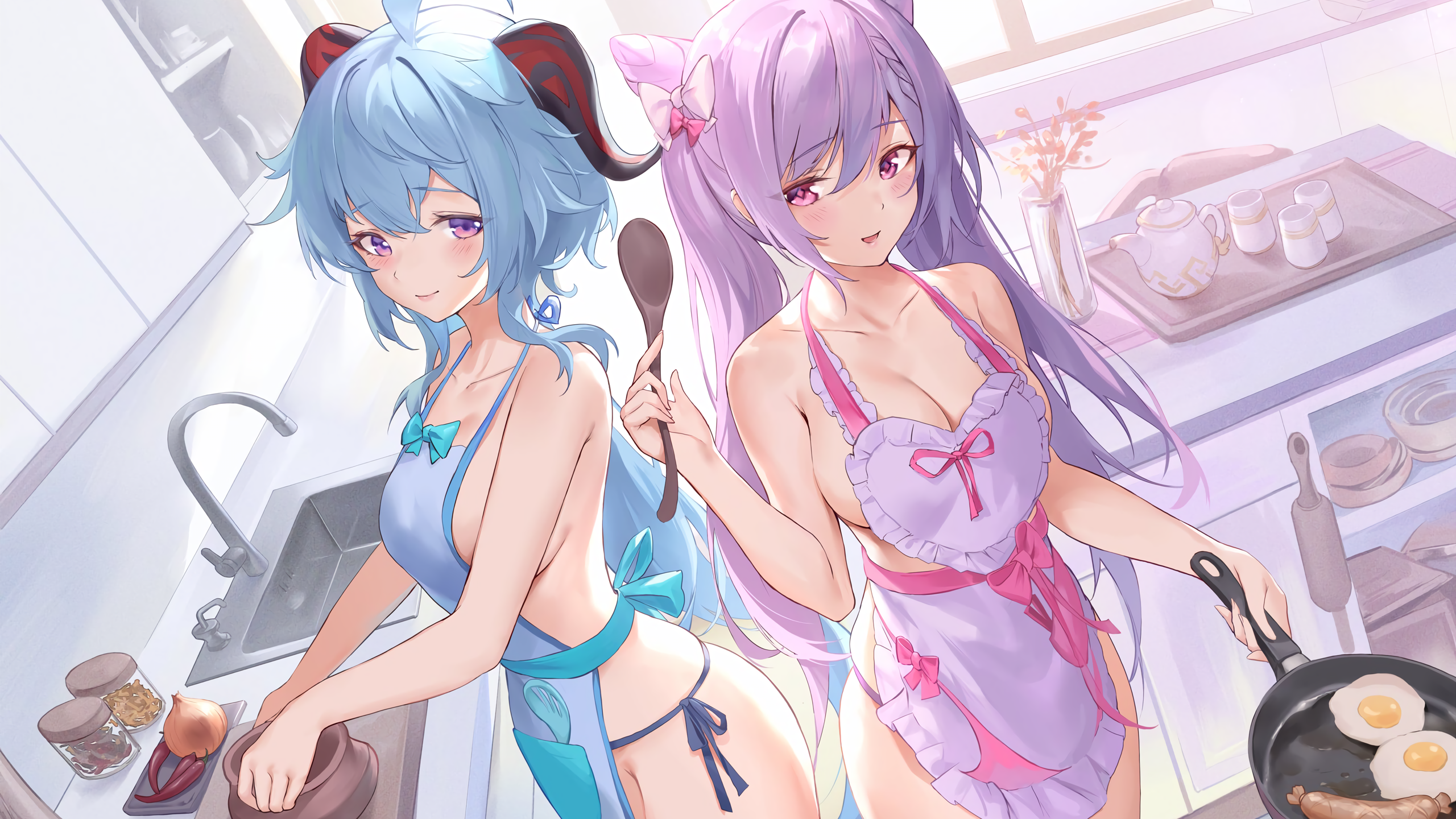 Anime 2560x1440 anime anime girls ecchi Genshin Impact Ganyu (Genshin Impact) Keqing (Genshin Impact) no bra boobs cleavage big boobs thighs naked apron PDXen sausage onion food apron kitchen goat girl video game girls cooking skindentation fried egg sideboob blushing looking at viewer sink cup pepper bow tie cabinets glass jar long hair hair bows twintails smiling sunlight interior