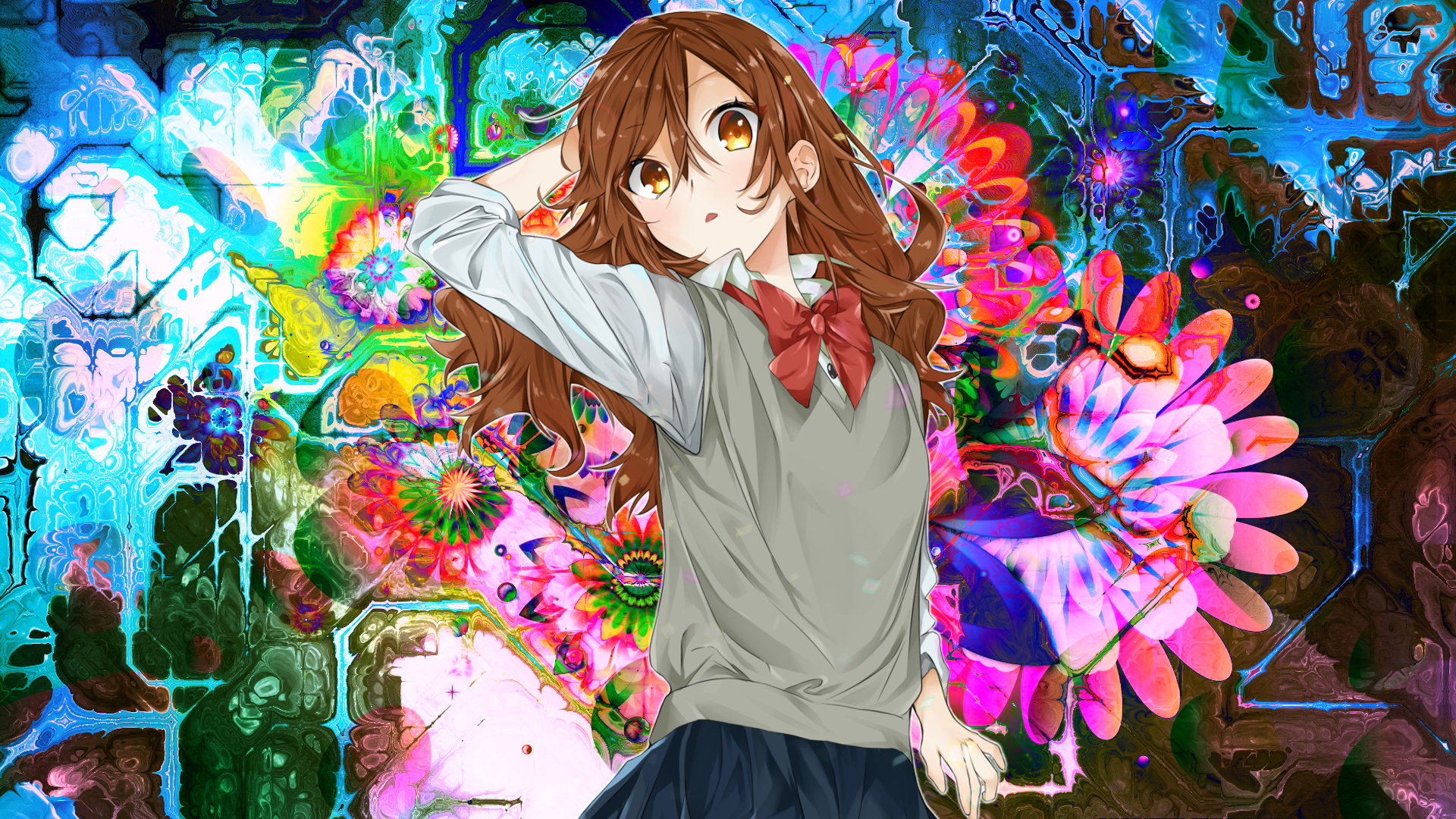 Anime 1920x1080 anime girls creative coding Hori Kyouko Horimiya schoolgirl school uniform bow tie brunette brown eyes