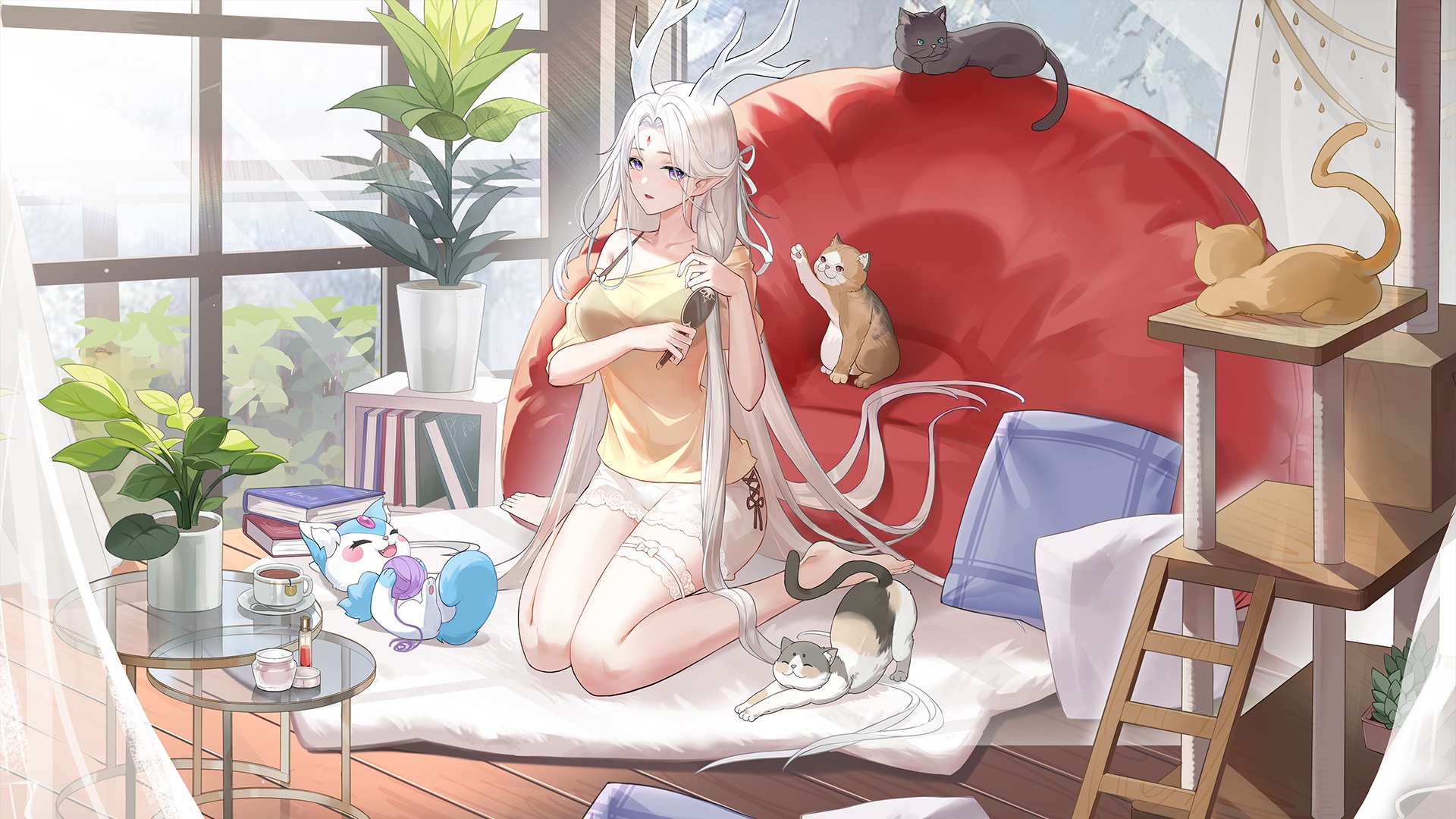 Anime 1920x1080 anime anime girls cats animals creature white hair pointy ears horns leaves plants long hair books kneeling Nine-colored deer(Arknights)