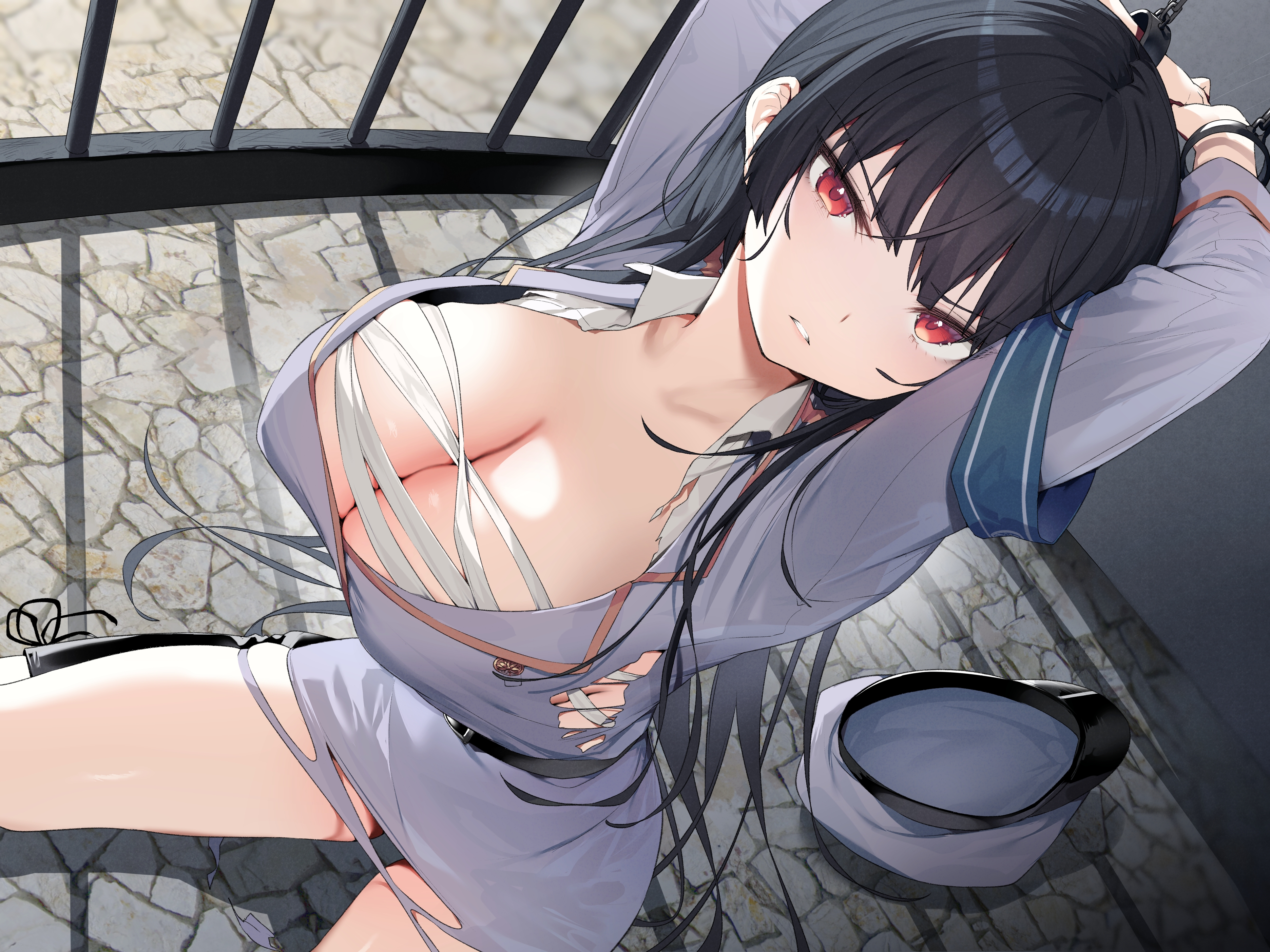Anime 3744x2808 anime anime girls black hair red eyes sarashi cleavage torn clothes big boobs handcuffed handcuffs