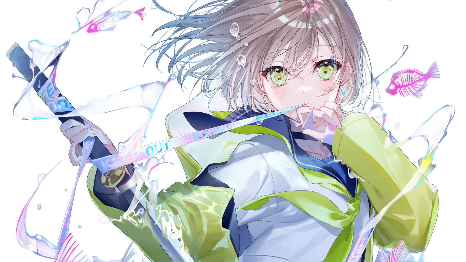 Anime 1920x1080 anime girls green eyes brunette schoolgirl school uniform katana looking at viewer fish bubbles short hair white background blushing simple background weapon frontal view