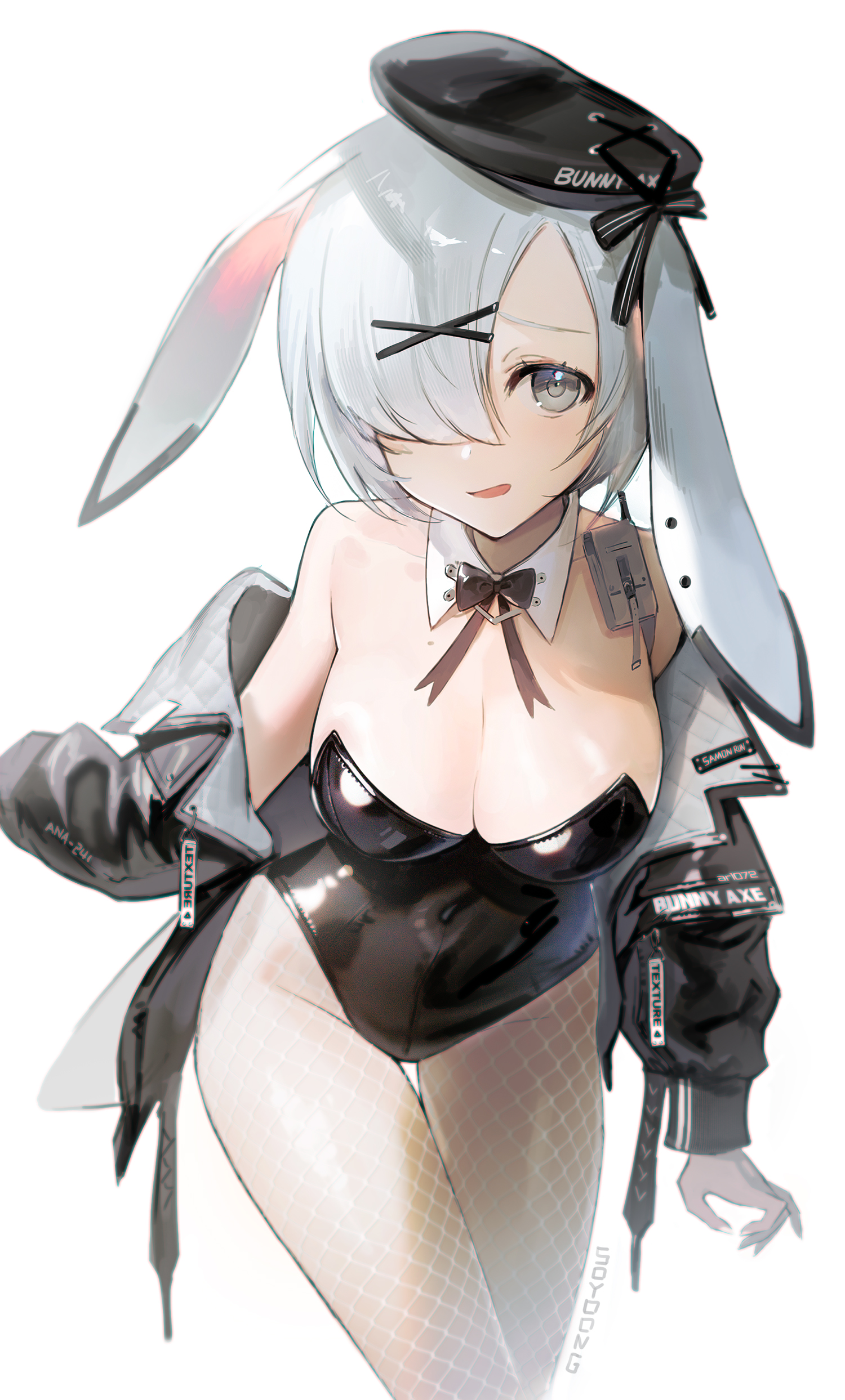 Anime 1500x2487 anime anime girls hair over one eye fishnet bunny suit bunny girl fishnet pantyhose hat open jacket latex gray eyes portrait display bunny ears cleavage bow tie big boobs