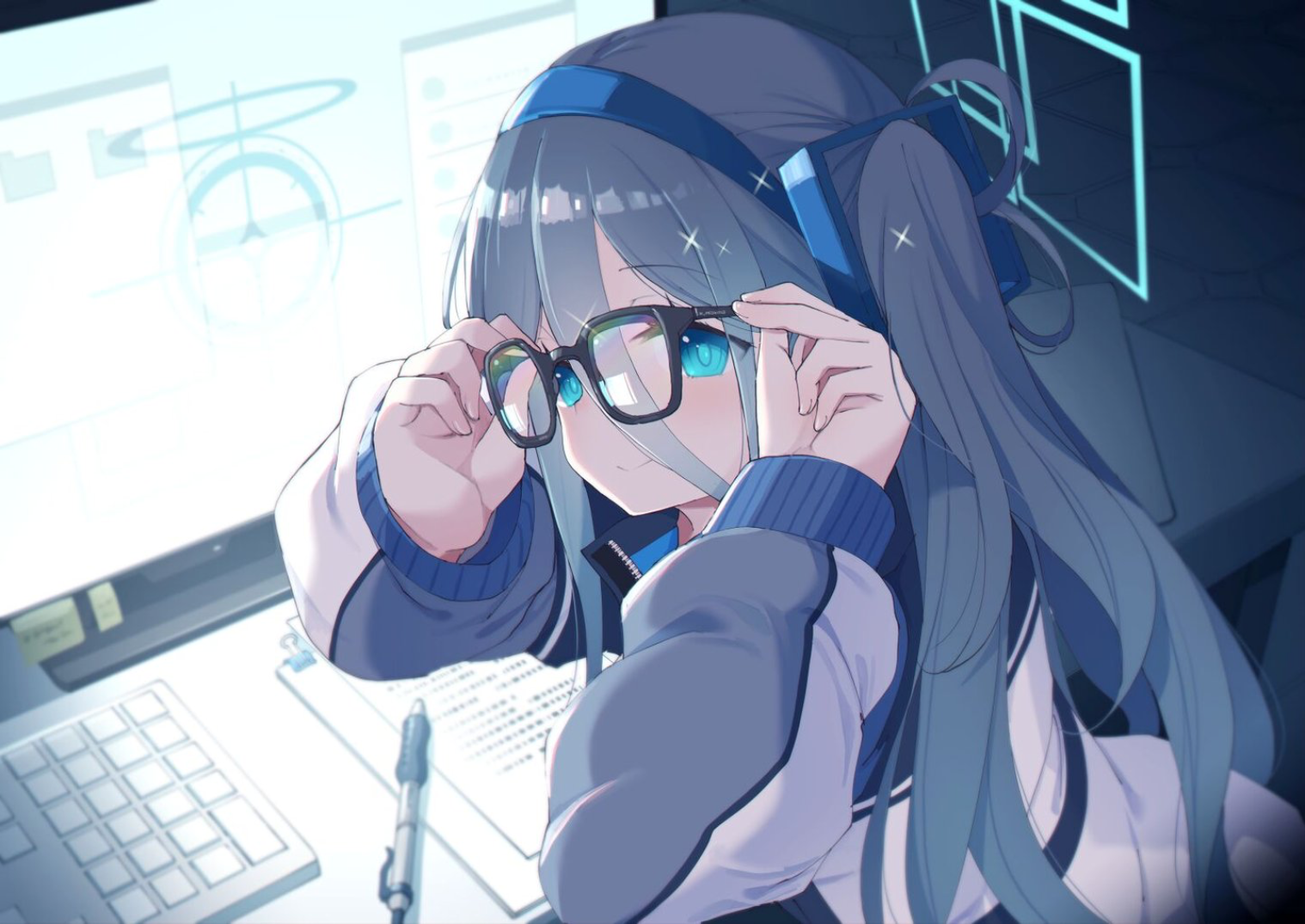 Anime 1518x1075 anime anime girls glasses blue eyes computer