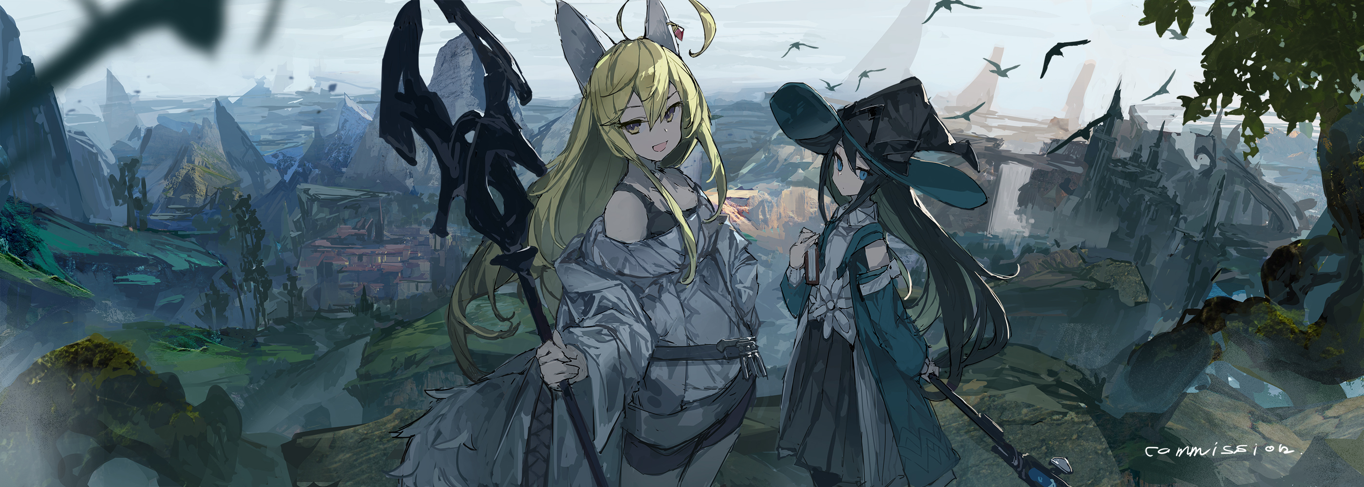 Anime 2800x1000 Mages blonde staff anime girls witch hat birds long hair