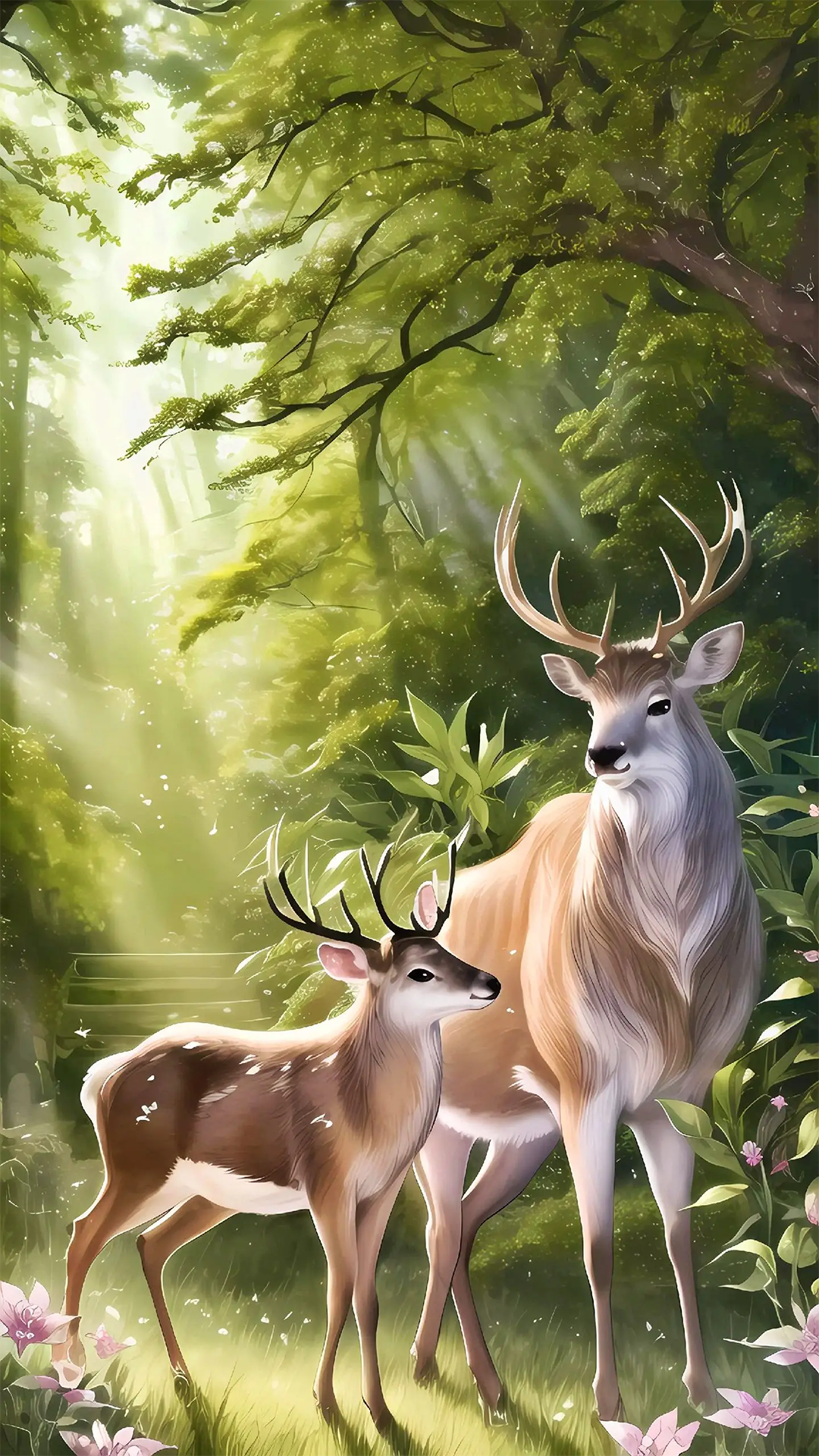 General 1080x1920 creature deer forest animals portrait display flowers leaves trees grass sunlight fur natural light antlers