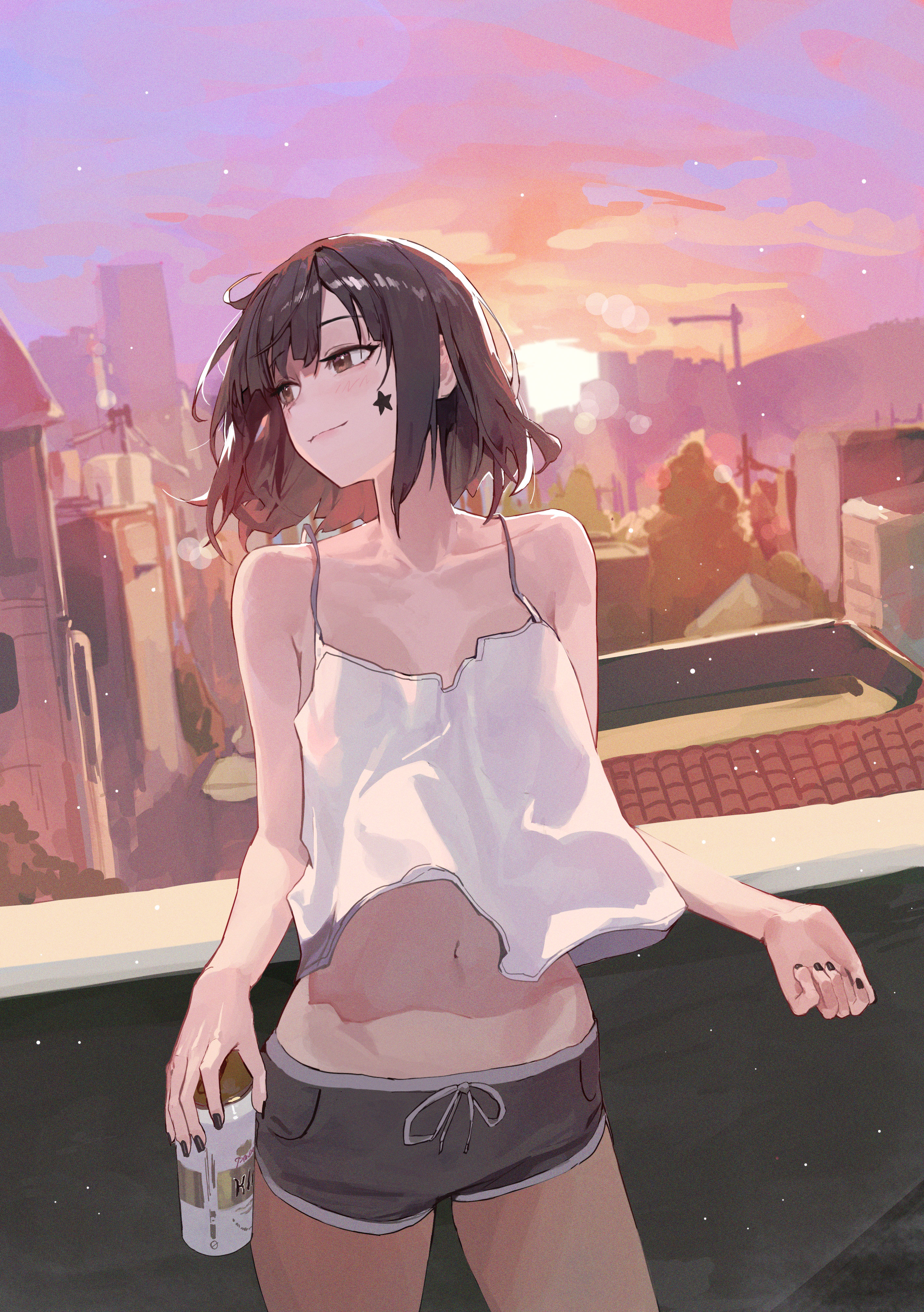 Anime 2818x4000 portrait portrait display anime anime girls digital art artwork 2D Pixiv petite looking at viewer belly belly button bare midriff shorts short shorts dolphin shorts sunset sunset glow smiling