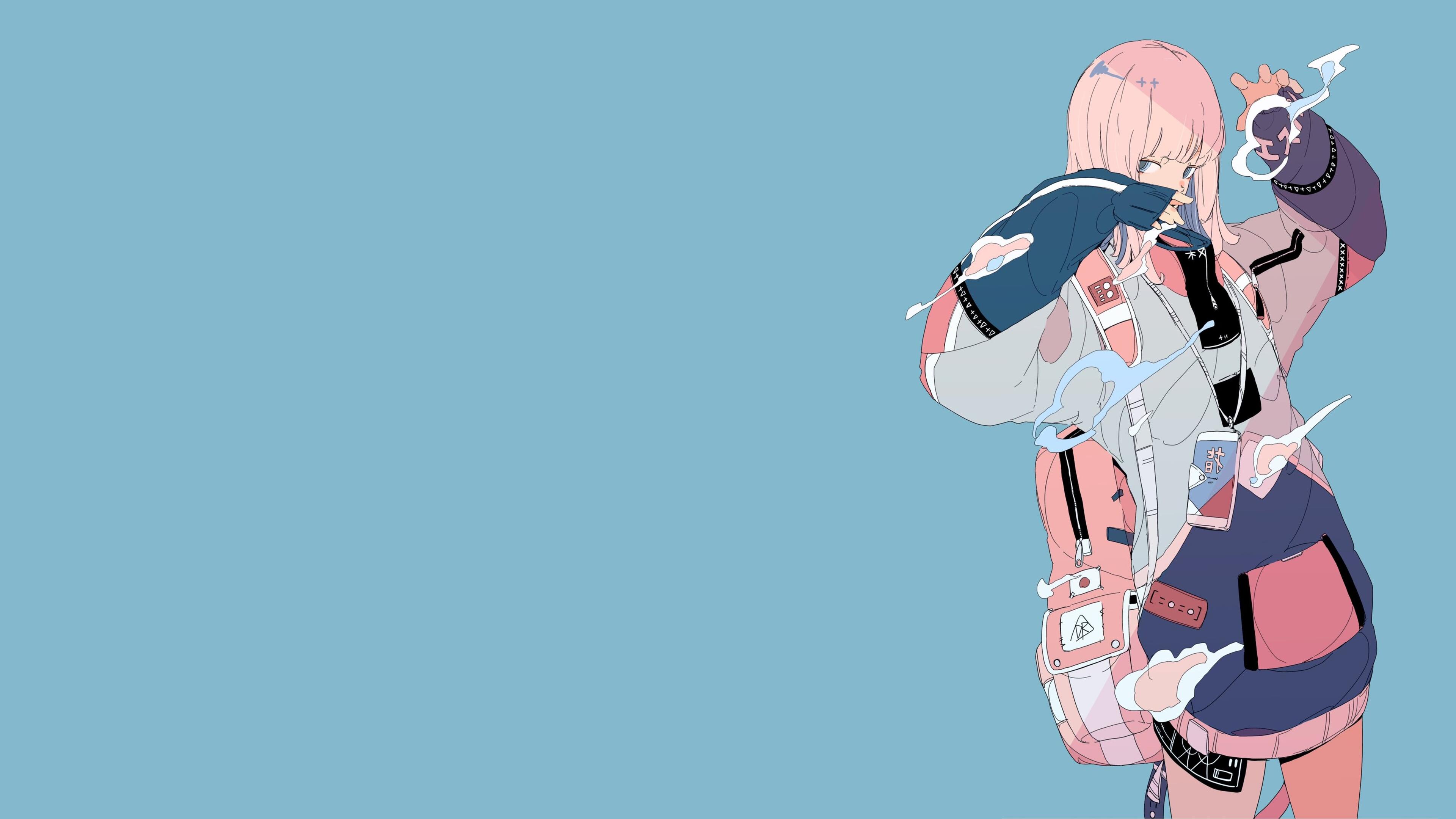 Anime 3840x2160 daisukerichard anime girls original characters blue background simple background minimalism backpacks looking at viewer phone