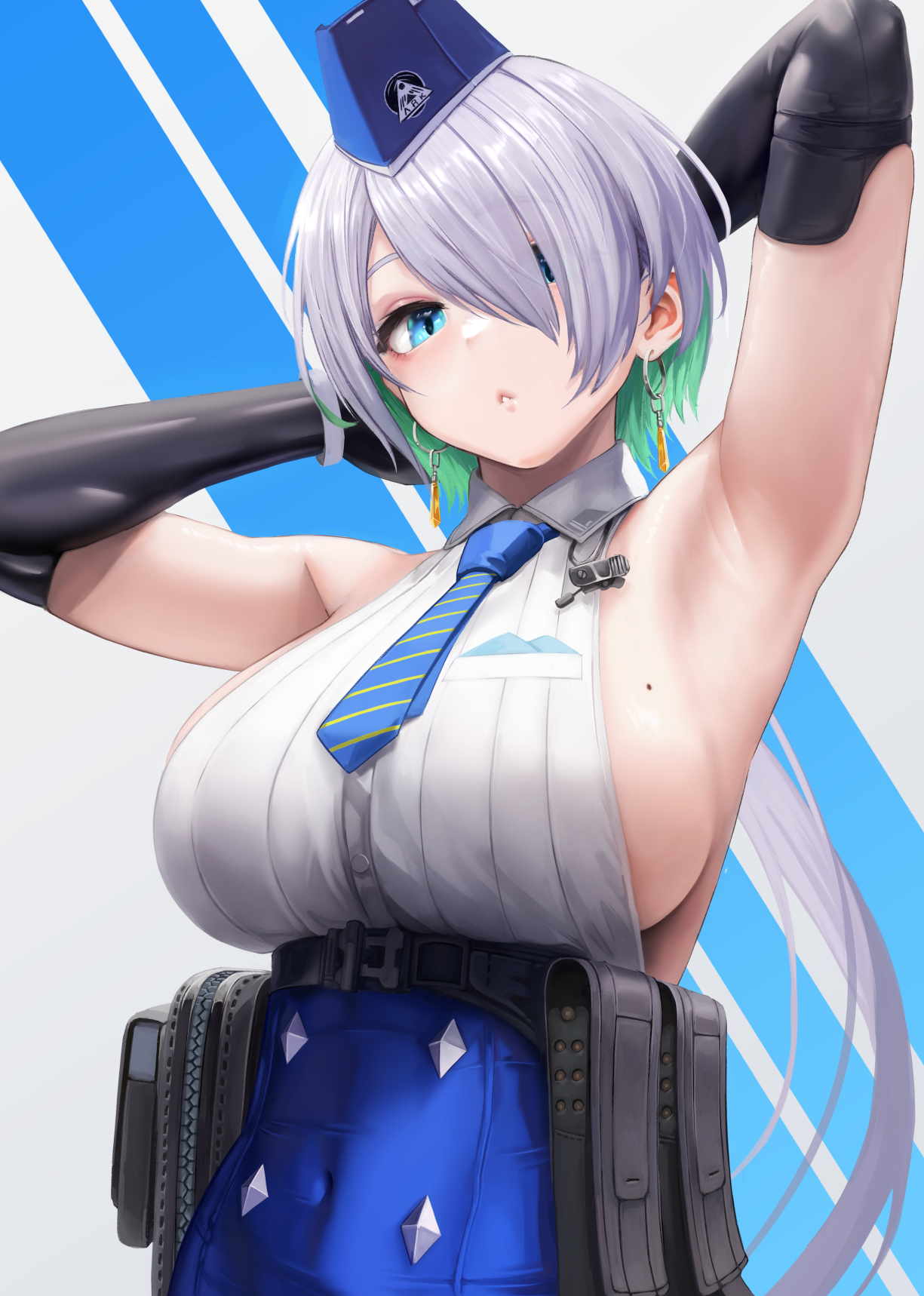 Anime 1225x1718 anime girls white hair portrait display armpits big boobs moles mole on breast hat elbow gloves long hair sideboob tie earring hair over one eye simple background Brid (Nikke: The Goddess of Victory)