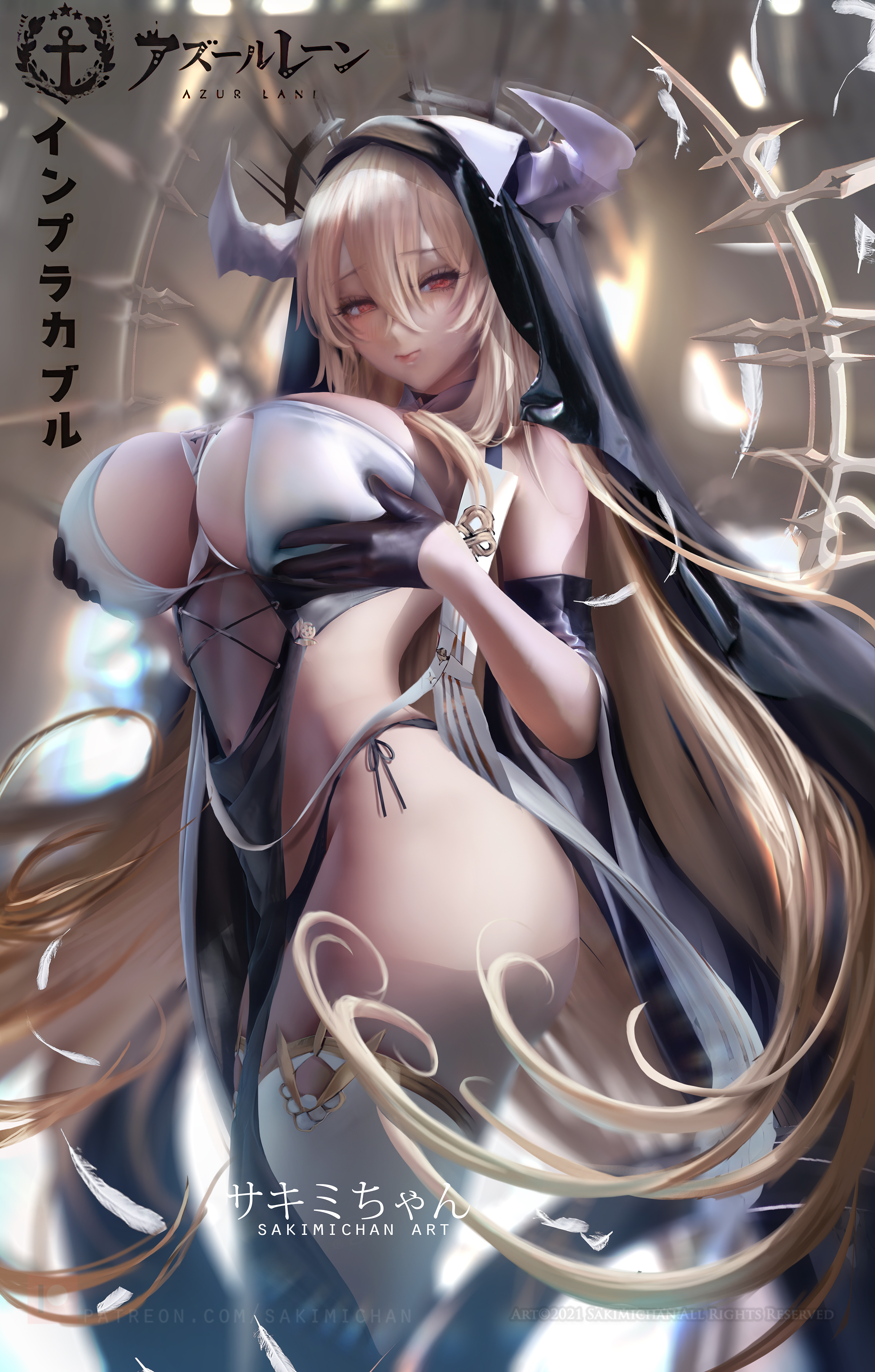 Anime 2233x3500 Implacable(Azur Lane) Azur Lane video games anime anime girls video game girls 2D artwork drawing fan art Sakimichan portrait display gloves looking at viewer long hair Japanese boobs hands on boobs horns feathers nuns nun outfit huge breasts