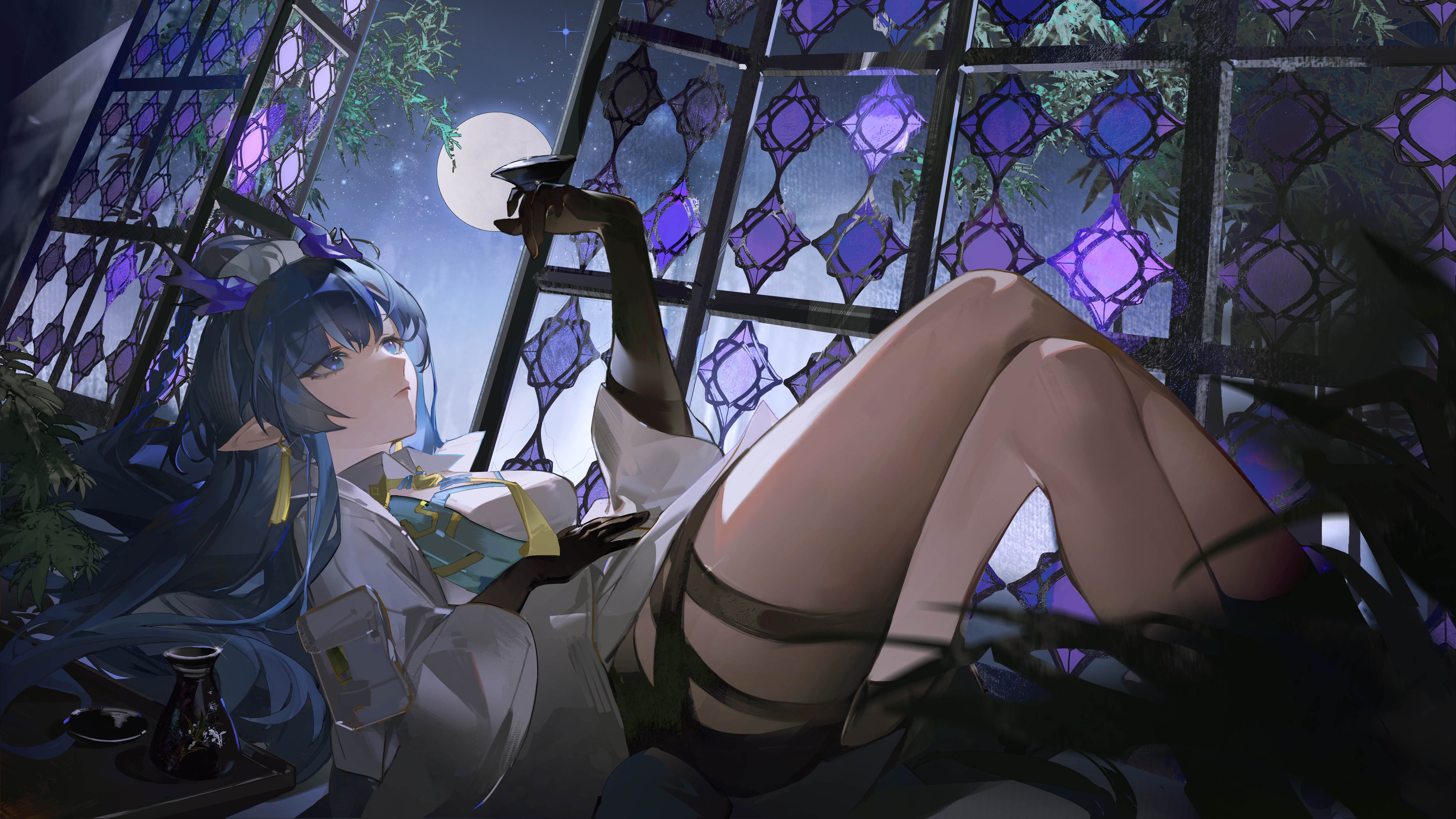 Anime 5004x2815 Yipei anime girls Arknights Ling (Arknights) night looking up legs legs crossed thighs window stars starry night lying down lying on back horns pointy ears Moon full moon elbow gloves gloves black gloves blue eyes long hair blue hair shorts collared shirt plants black shorts leaves sky indoors