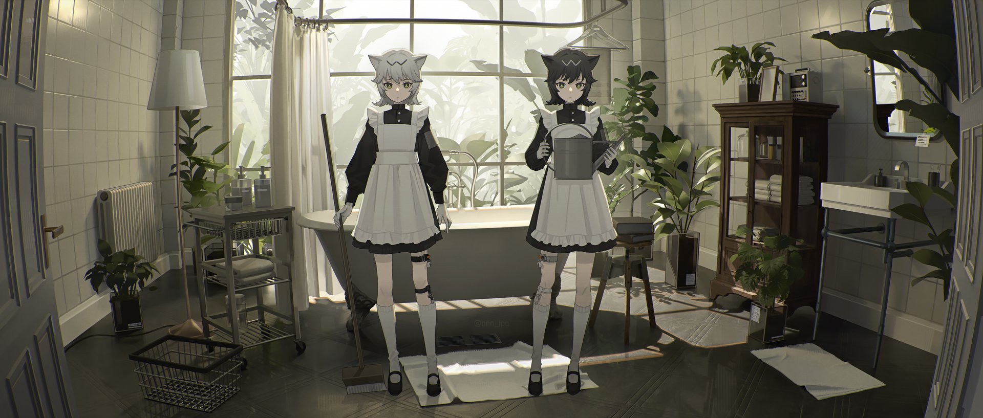 Anime 1920x817 maid cat ears anime girls two women maid outfit interior looking at viewer leaves plants lamp broom short hair cat girl window bathtub bathroom