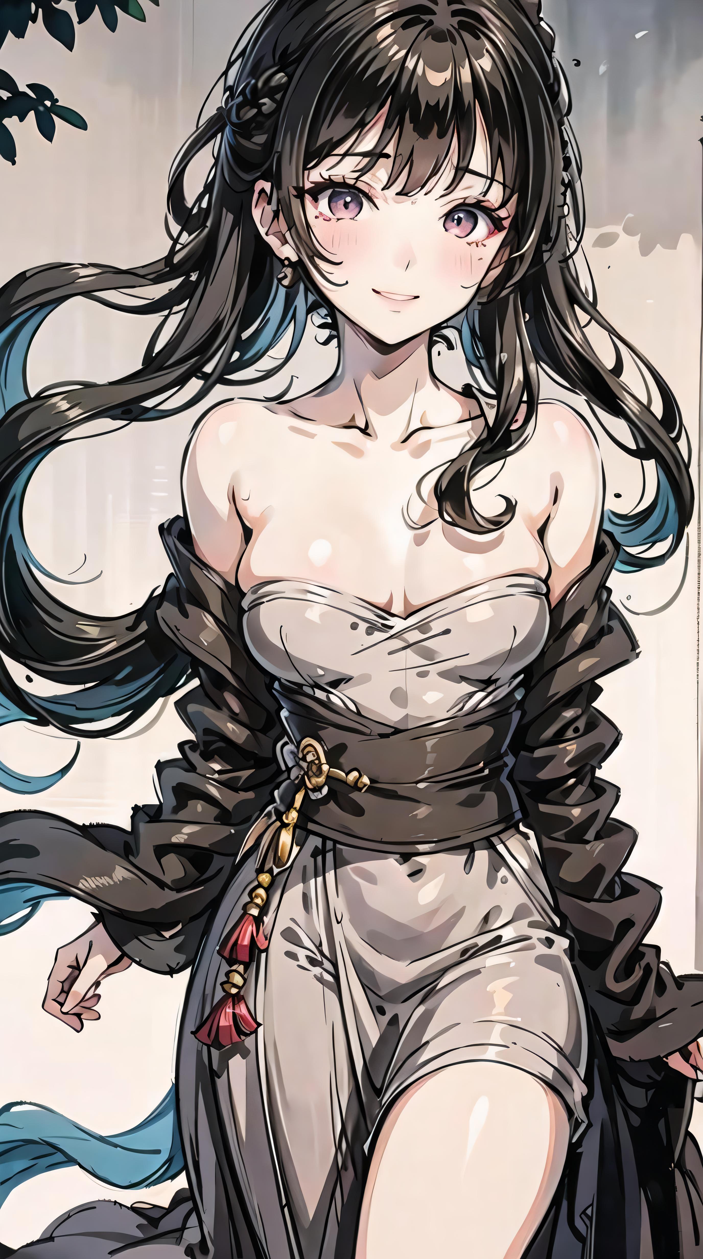 Anime 2752x4928 AI art ink wash paintings anime girls black hair hair ornament Chinese dress portrait display long hair looking at viewer leaves
