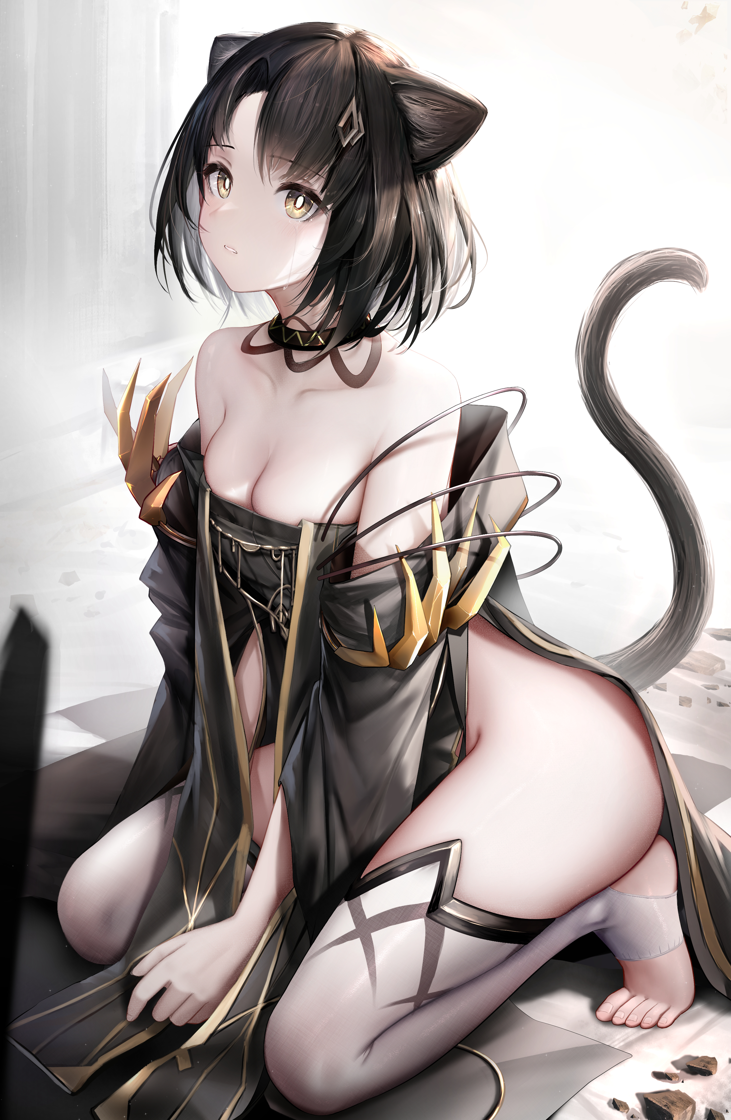 Anime 2350x3600 anime anime girls Arknights Mandragora (Arknights) kneeling cleavage cat girl cat ears cat tail looking at viewer thighs stockings short hair tears crying portrait display