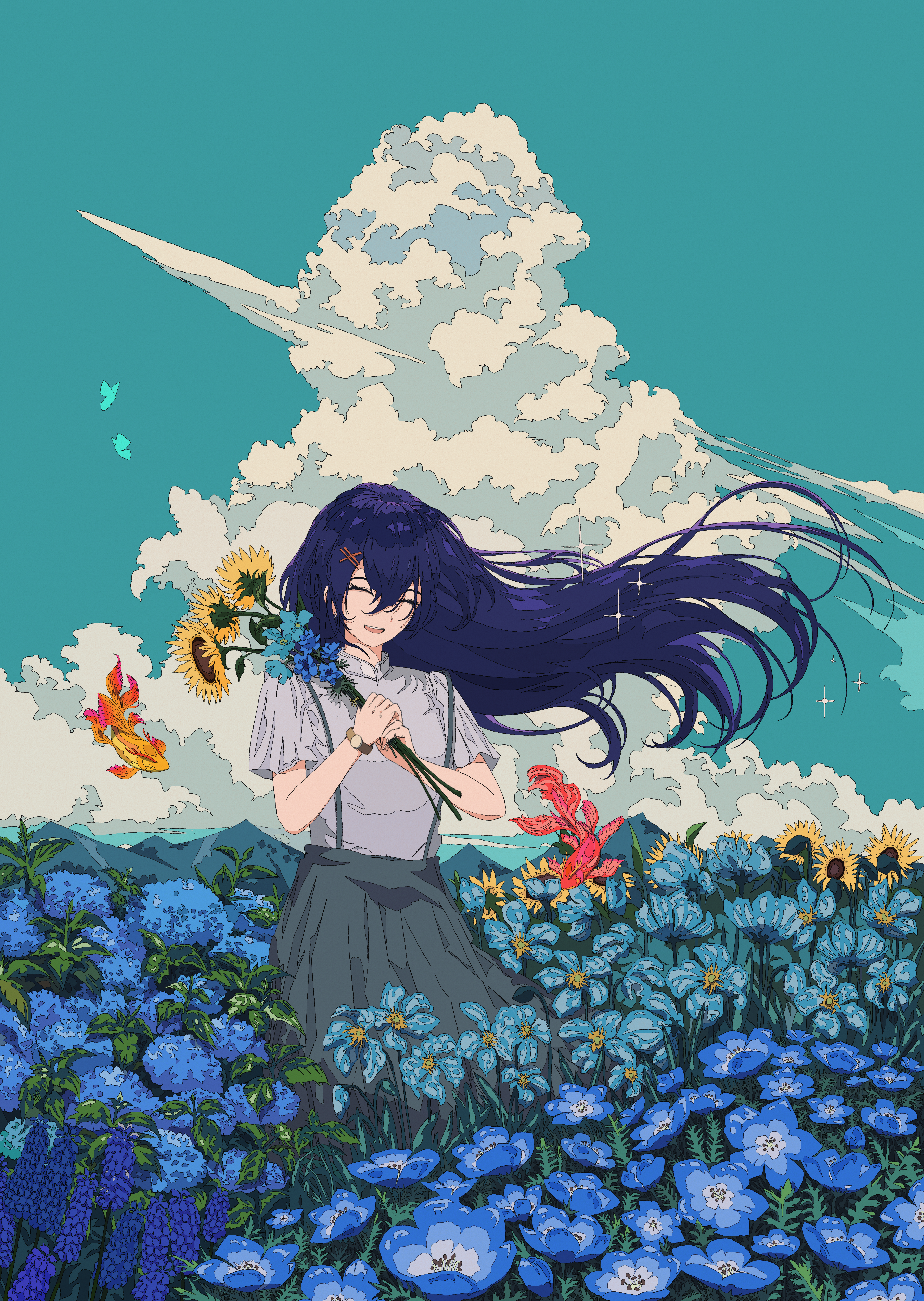 Anime 2700x3800 Umijin anime digital art artwork illustration environment landscape clouds flowers portrait display sunflowers happy mountains