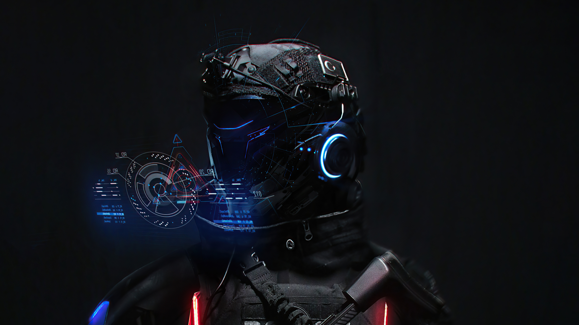 General 1920x1080 digital art artwork futuristic glowing cyborg robot simple background black background helmet Turkey