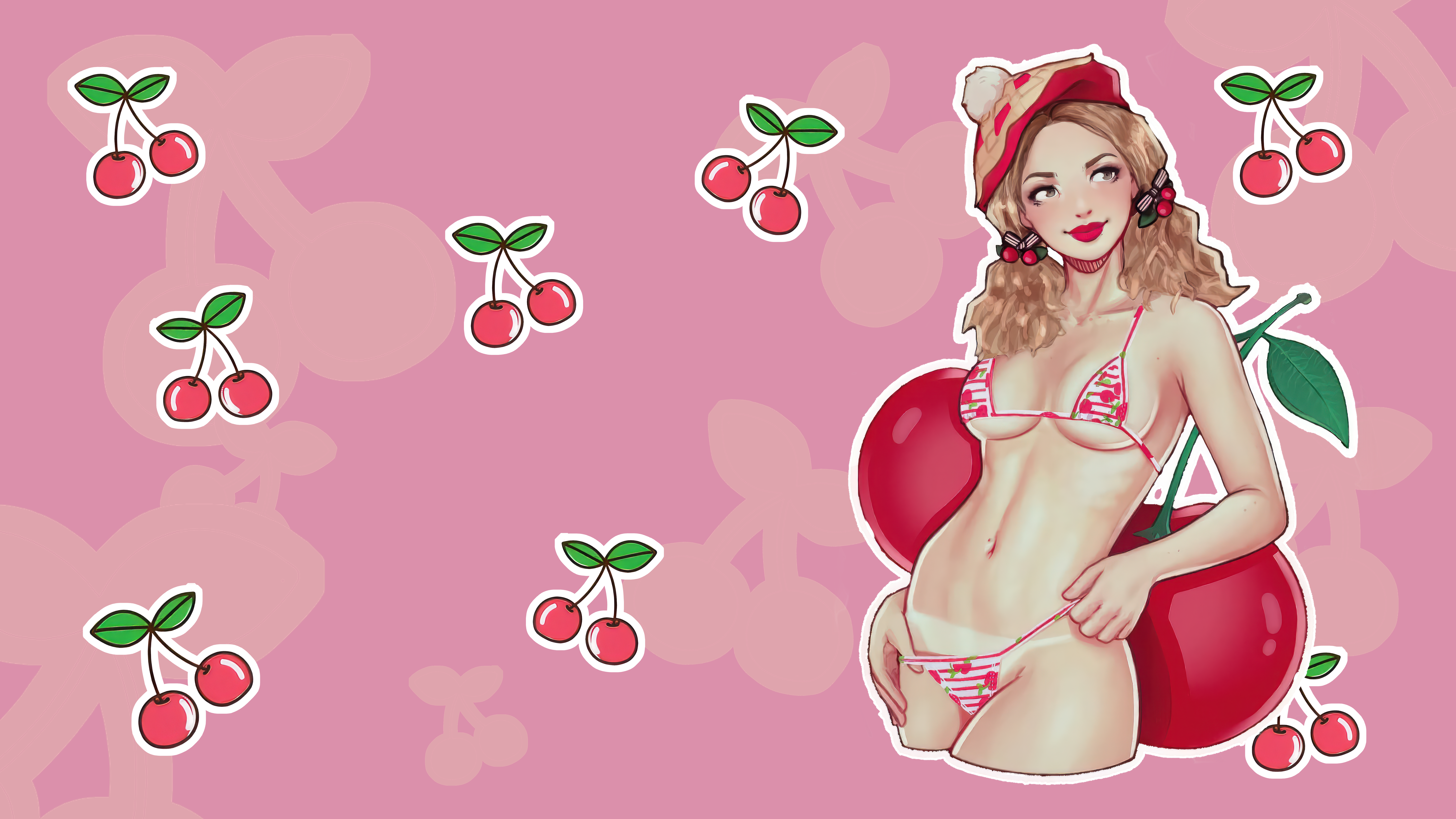 General 7680x4320 bikini women fruit stickers digital art 4K 8k UHD pastel drawn AI art simple background cherries smiling looking away photoshopped