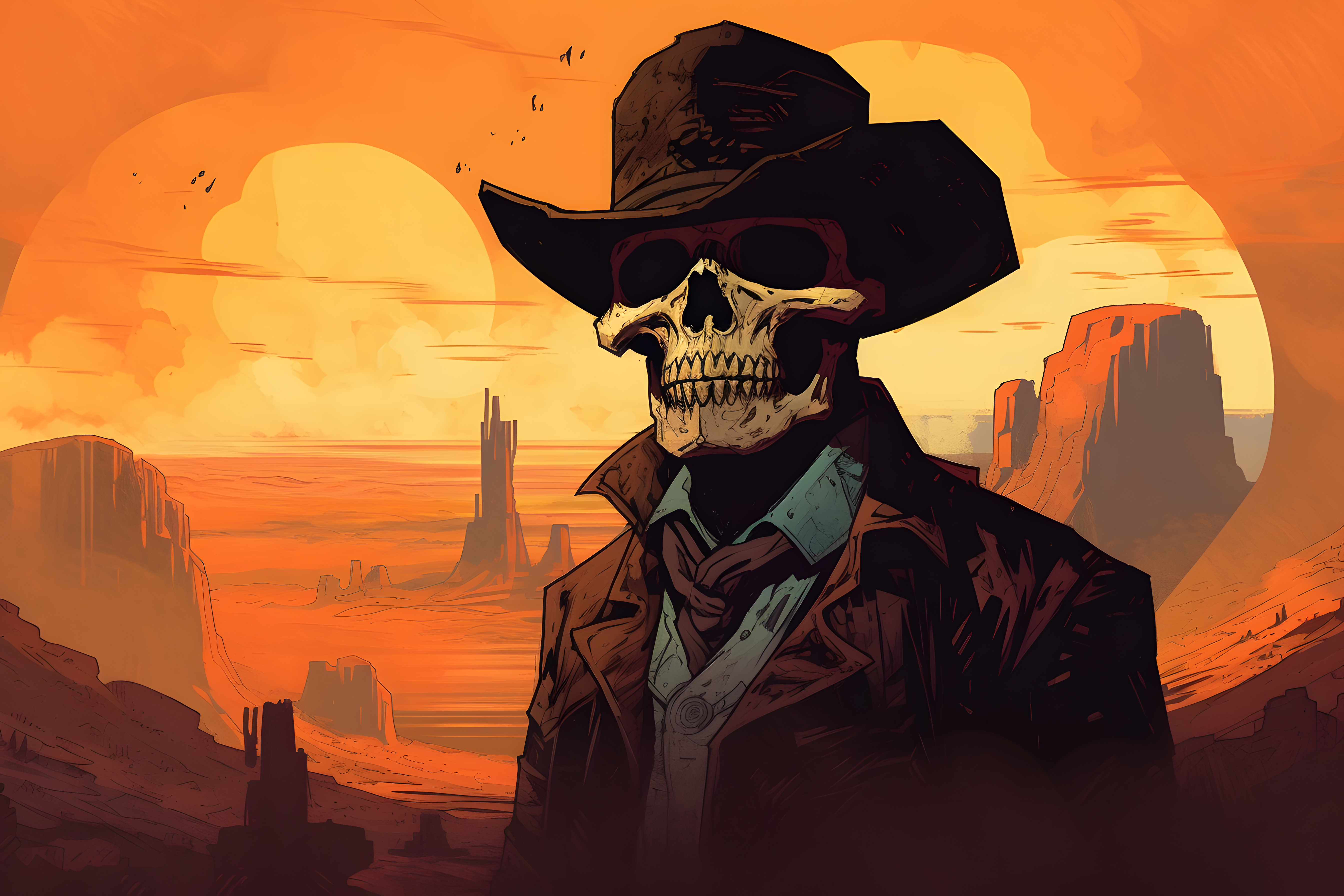 General 5376x3584 AI art cowboy skull face hat coats western sunset glow sunset skull