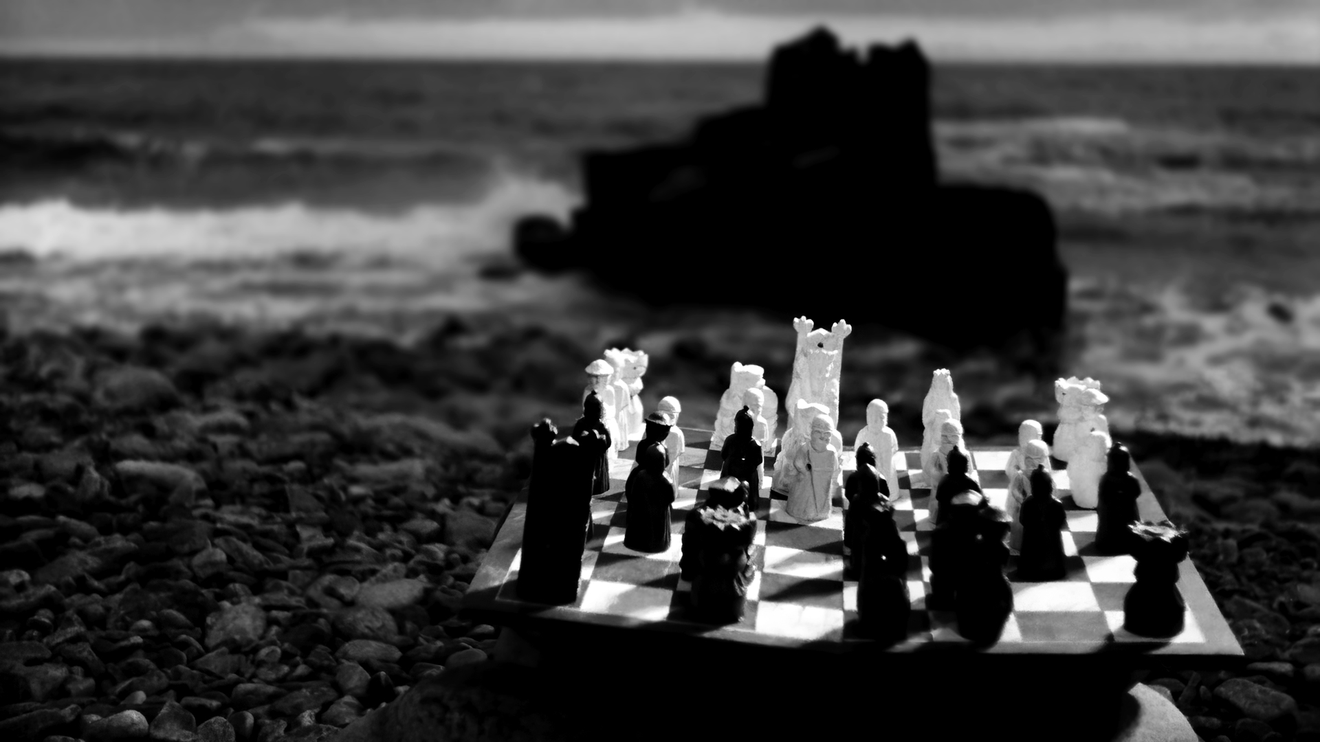 General 1920x1080 The Seventh Seal movies film stills chess monochrome rocks waves shore