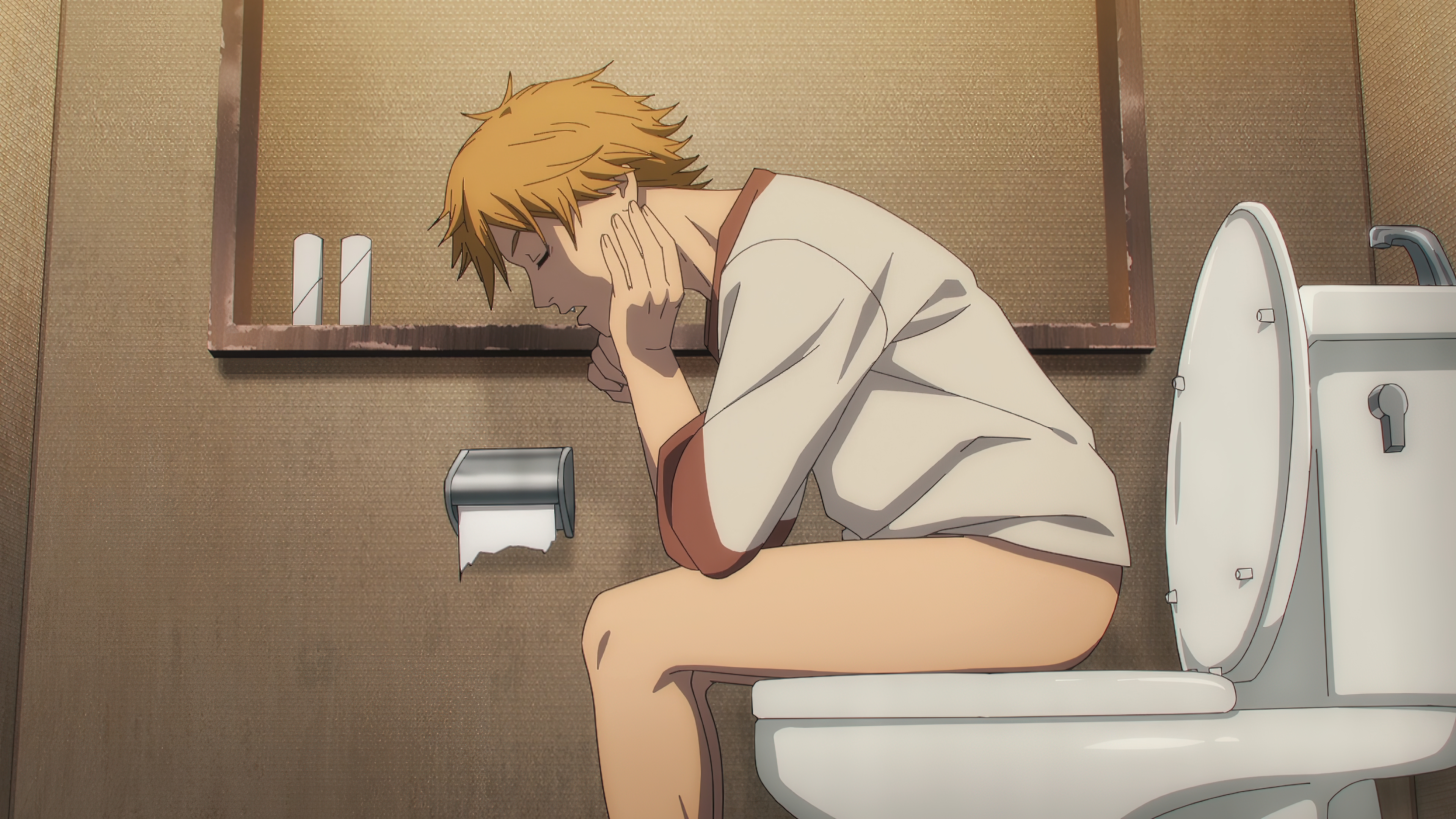 Anime 3840x2160 anime Chainsaw Man 4K anime screenshot Denji (Chainsaw Man) anime boys toilets bathroom sitting on toilet