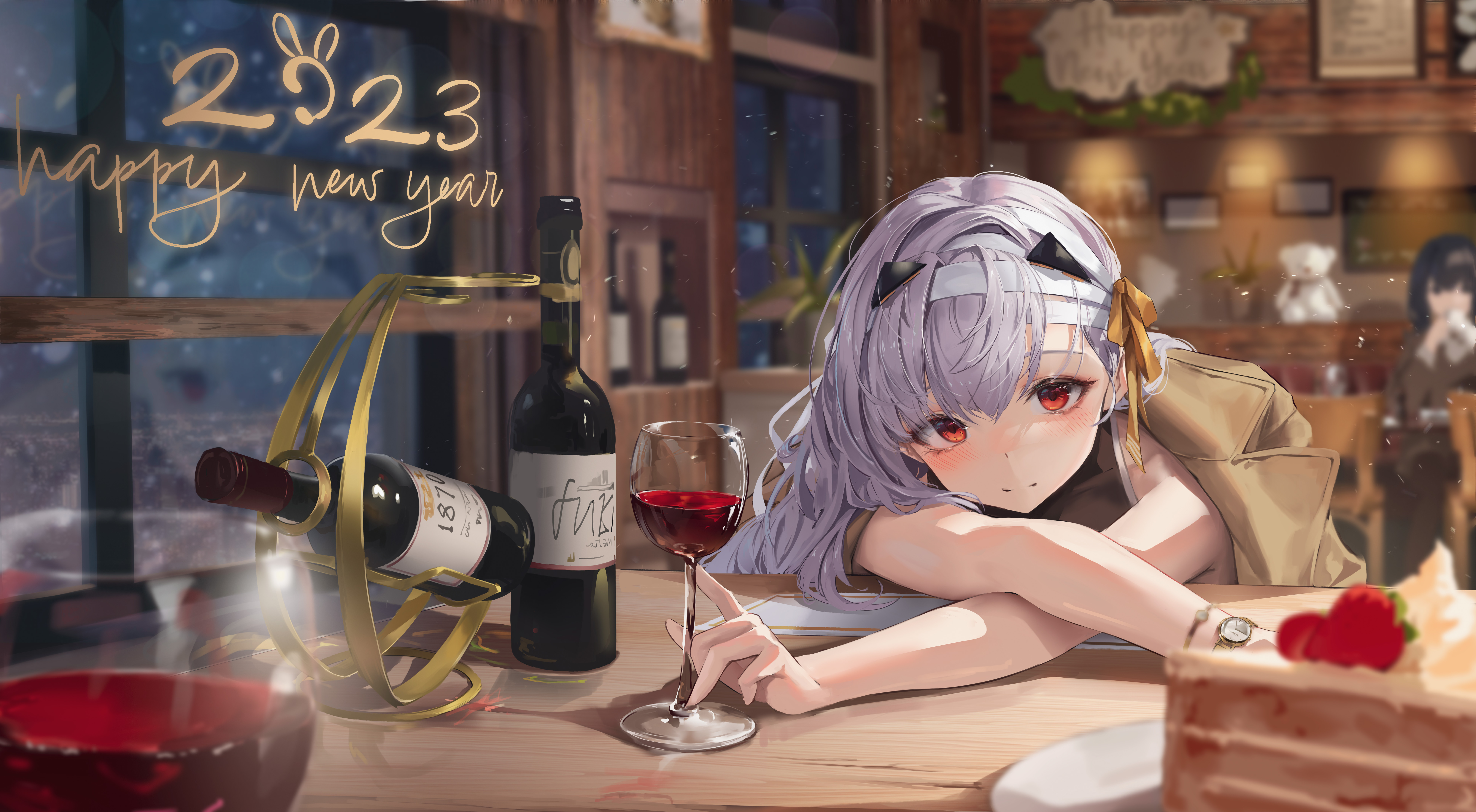 Anime 7927x4363 anime anime girls wine wine glass cake red eyes New Year Nikke: The Goddess of Victory