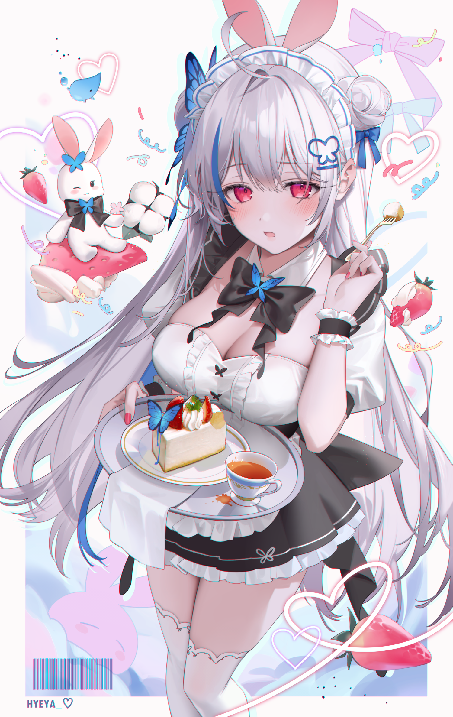 Anime 1500x2372 anime girls red eyes portrait display maid maid outfit bow tie cleavage big boobs strawberries barcode heart