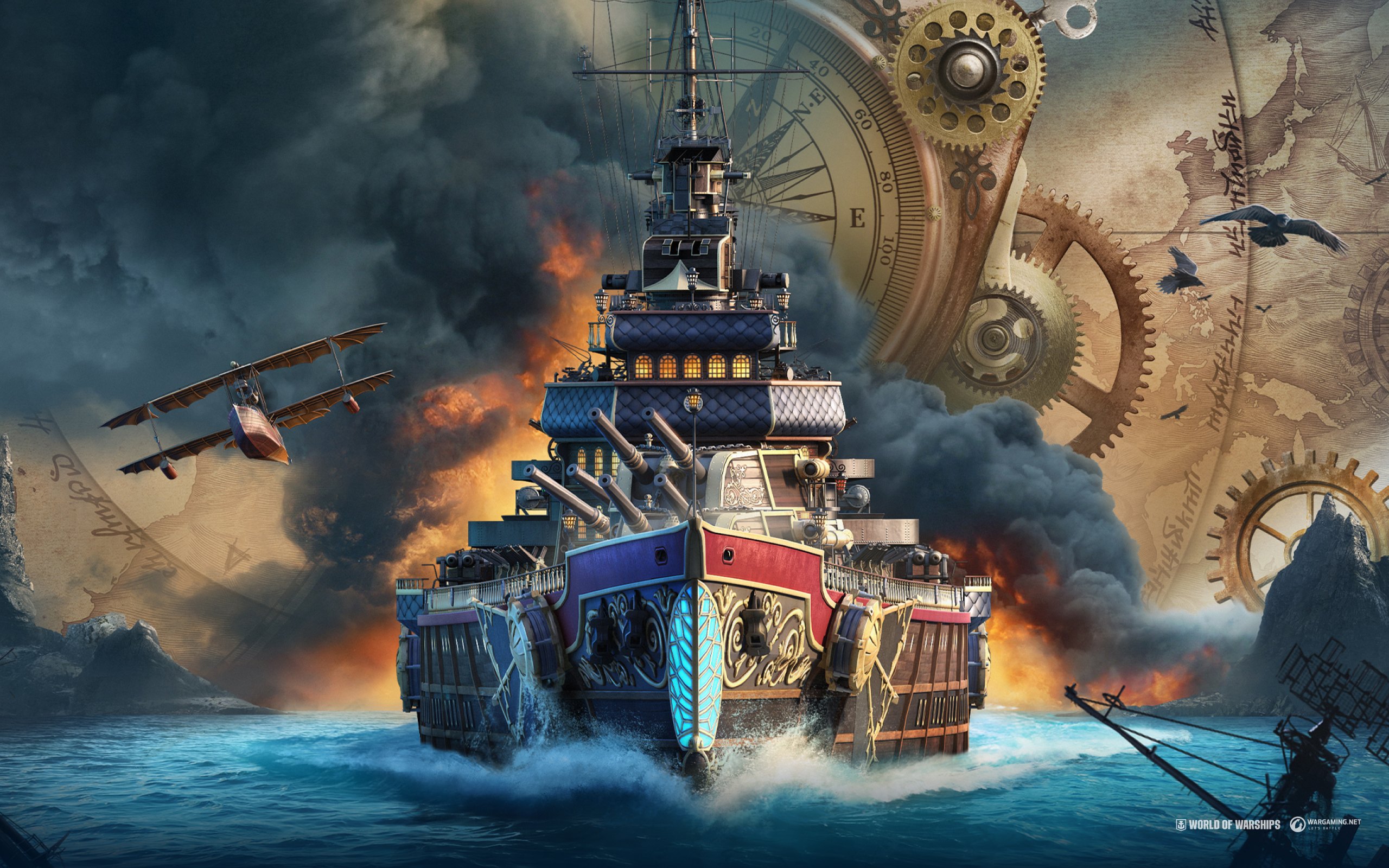 General 2560x1600 World of Warships  wows warship wargaming frontal view fire war water ship video games airplane