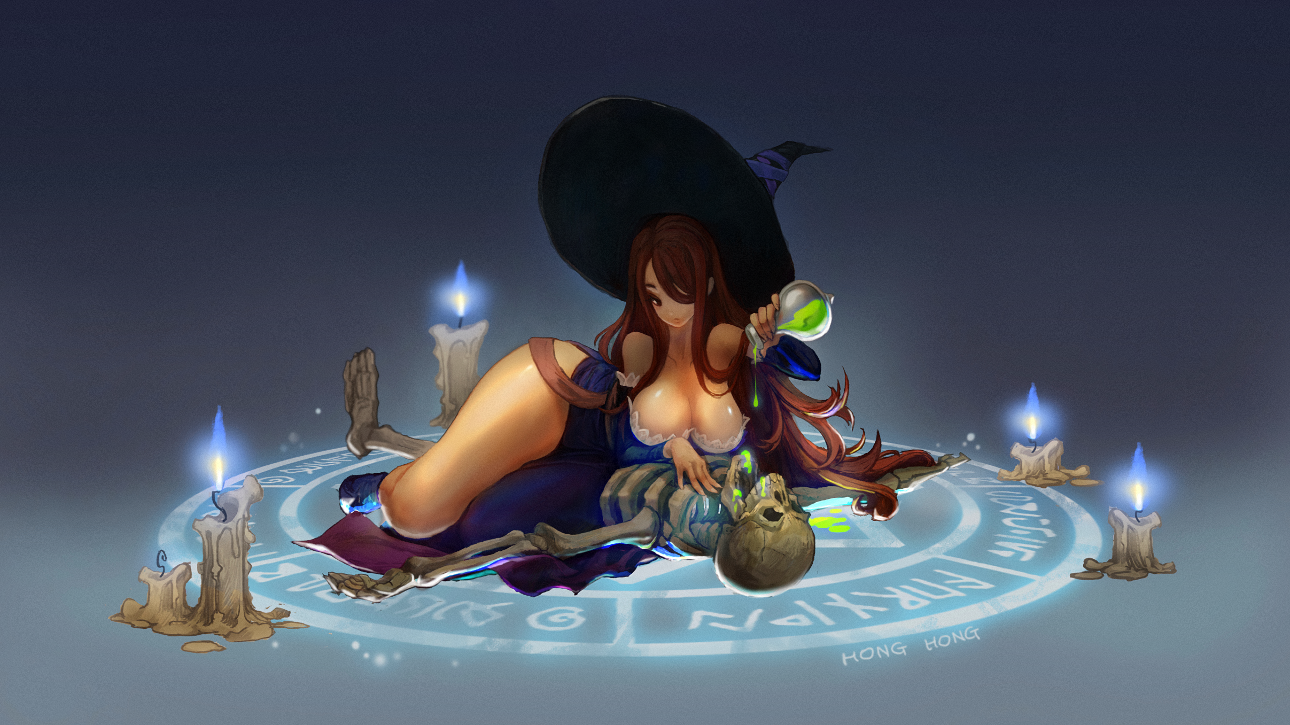 Anime 2560x1440 Sorceress (Dragon's Crown) Dragon's Crown video games video game girls witch witch hat skull skeleton candles magic circle potions cleavage boobs big boobs long hair bangs brunette thighs lying down hat wide hips atlus magic magic potion Witchcraft robes anime girls minimalism simple background hair over one eye