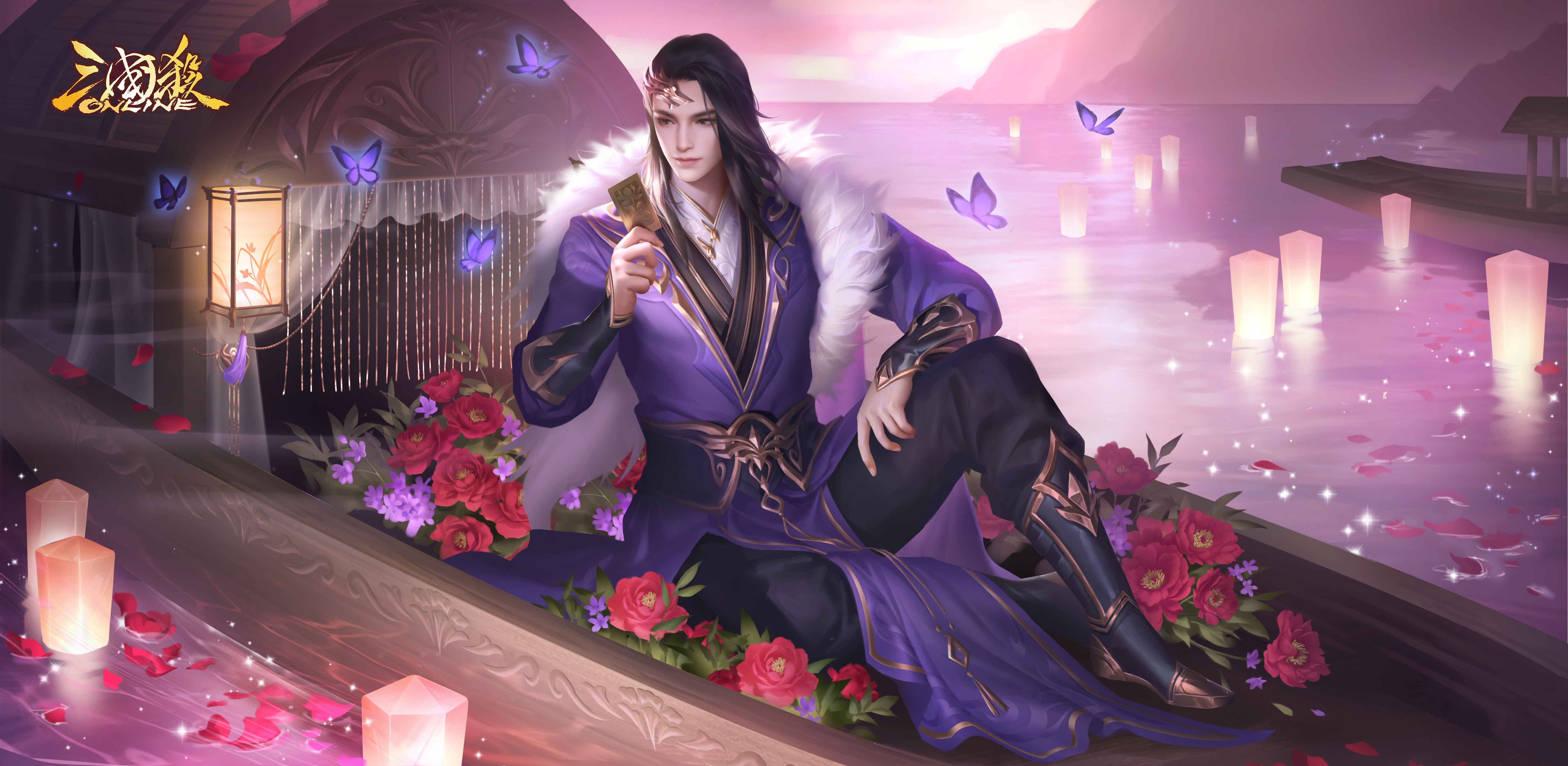 General 5781x2826 video game characters Three Kingdoms video games video game art video game men boat water flowers butterfly lights petals