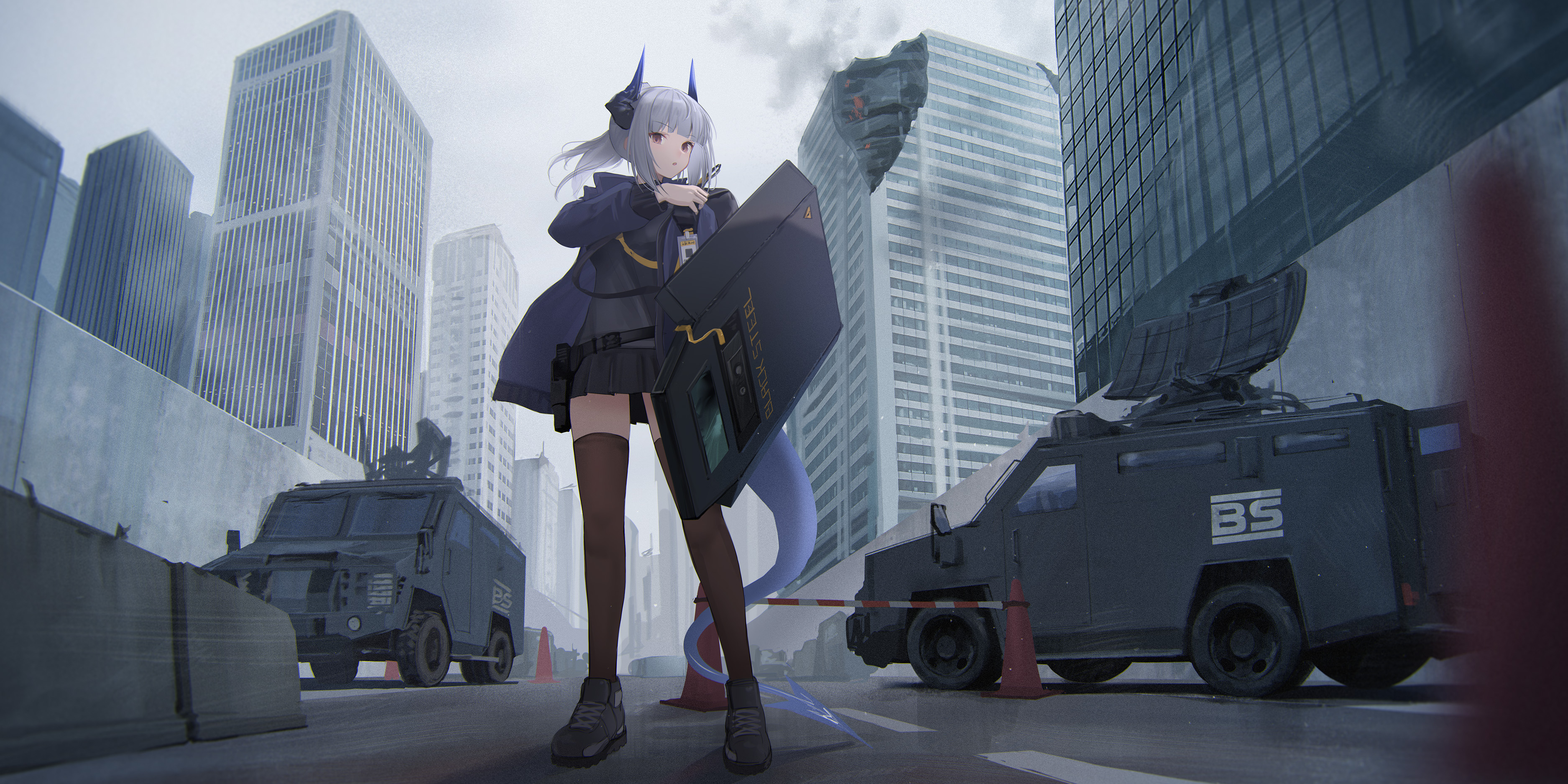 Anime 3750x1875 anime anime girls weapon gun artwork shield Liskarm(Arknights) Arknights standing looking at viewer stockings building vehicle horns silver hair traffic cone road
