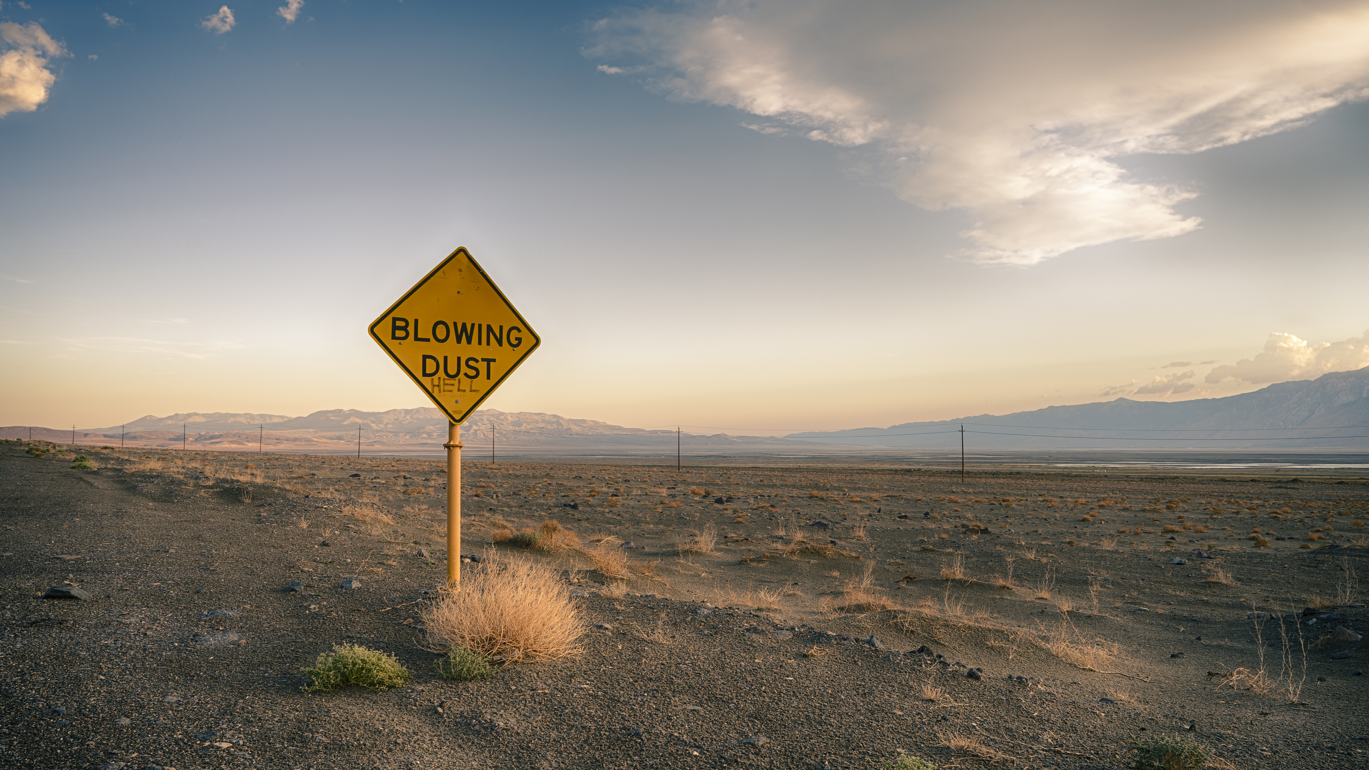 General 5764x3243 Owens Lake Owens Valley Sierra Nevada California dry lake road sign photography clouds dust sky signs mountains landscape USA