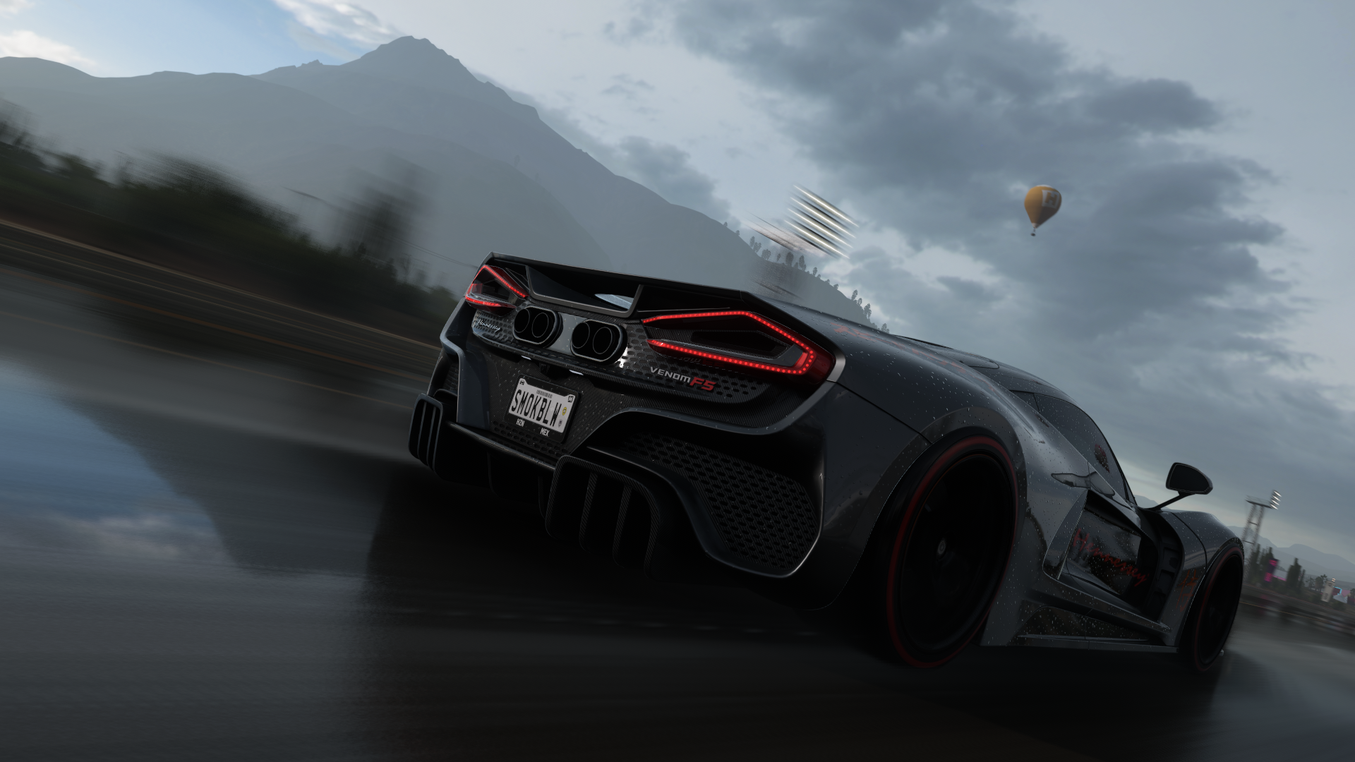 General 1920x1080 Forza Horizon 5 screen shot PC gaming Hennessey American cars Hypercar video games PlaygroundGames Hennessey Venom F5 rear view licence plates sky clouds CGI hot air balloons taillights road reflection video game art mountains