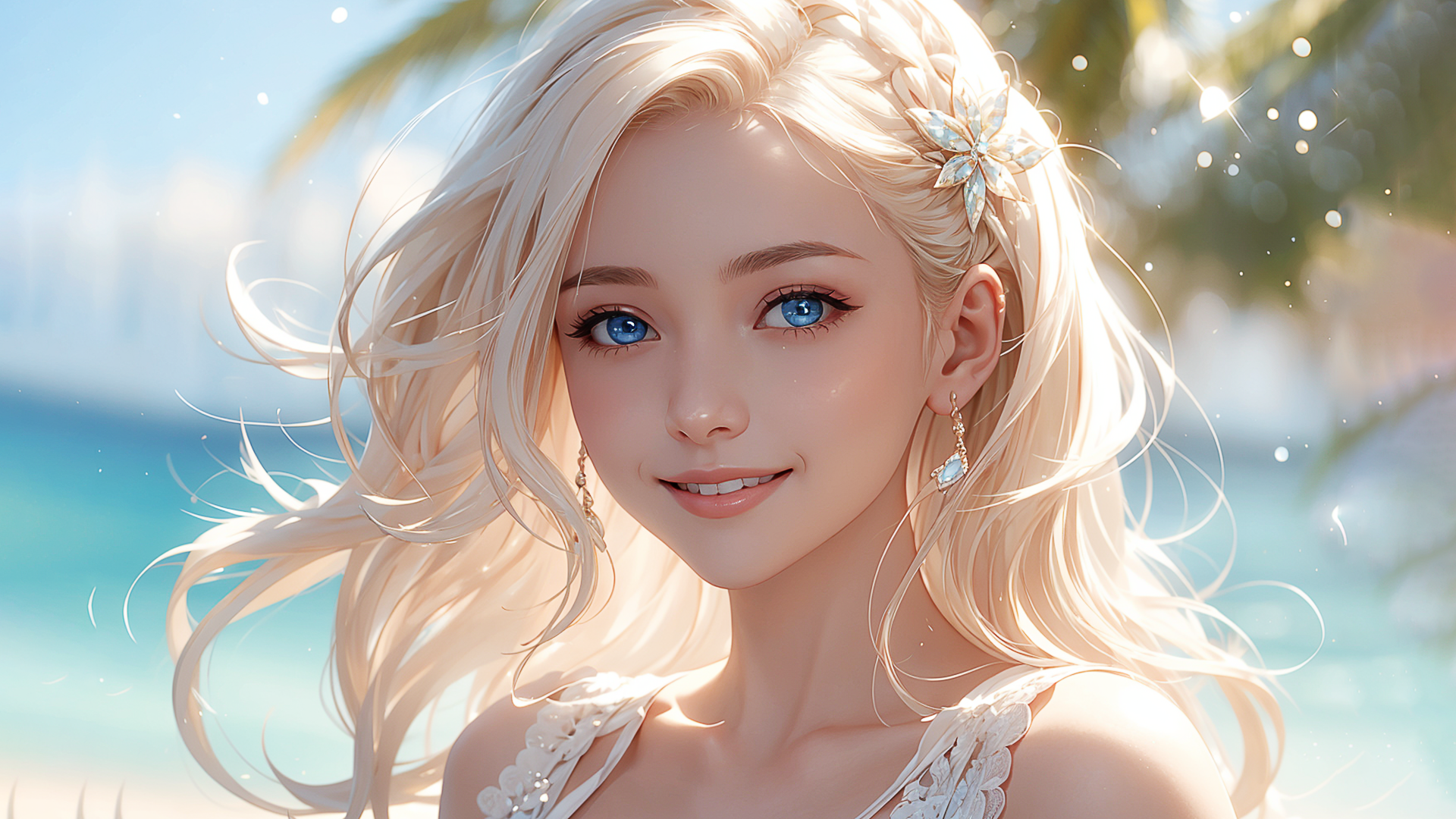 General 1920x1080 AI art blue eyes blonde white shirt beach digital art blurred blurry background hair blowing in the wind face long hair earring looking at viewer water closeup