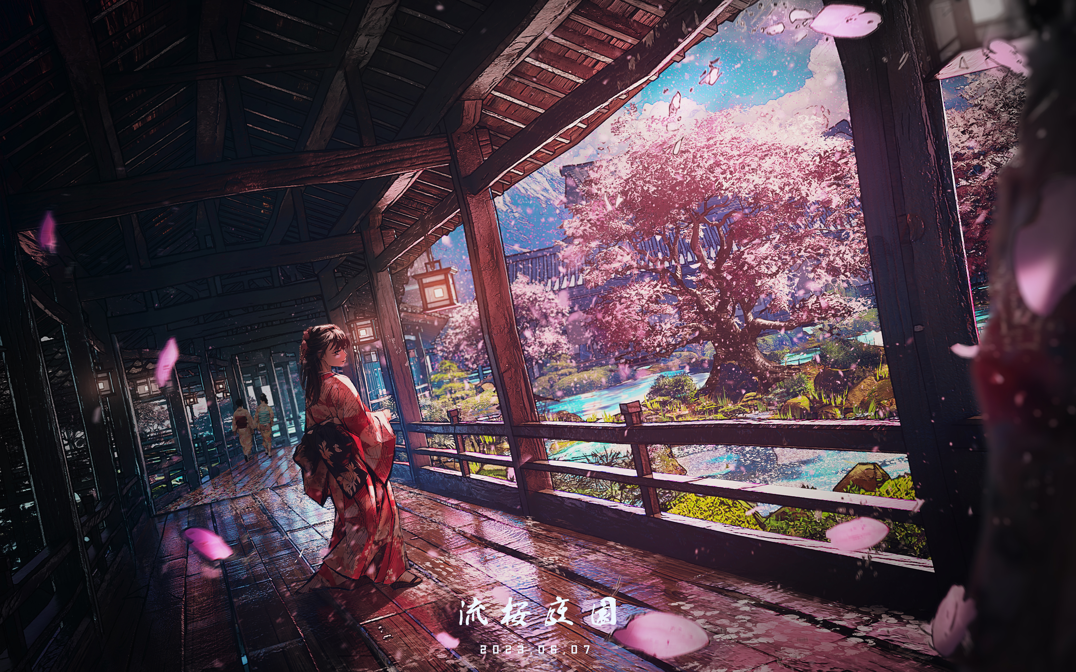 Anime 4500x2813 anime girls architecture Japanese clothes trees floor kimono cherry blossom petals depth of field lantern blurry background pond Asian architecture plants black hair long hair group of women grass garden Japanese mountains railing flowers