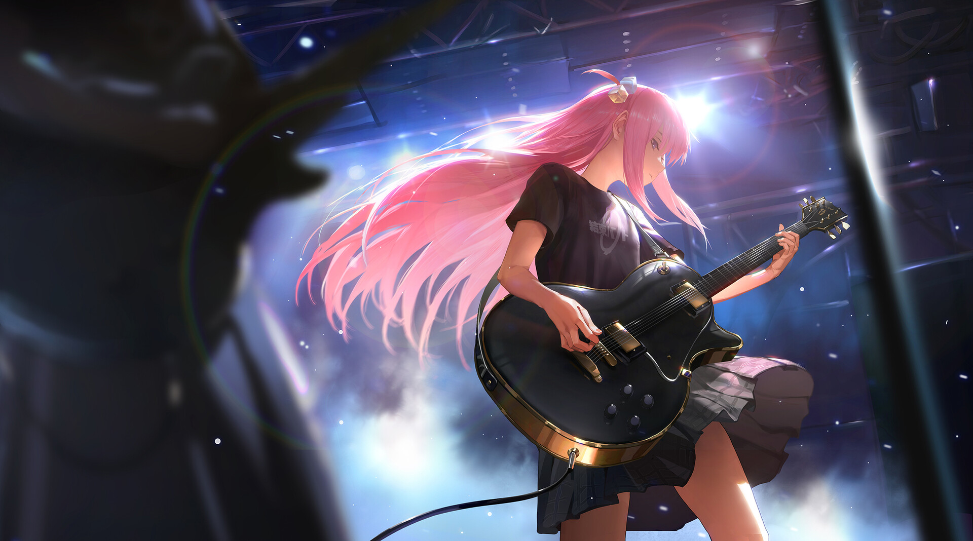 Anime 1920x1068 BOCCHI THE ROCK! anime girls anime kessoku band guitar Gotou Hitori long hair musical instrument stage light standing pink hair artwork