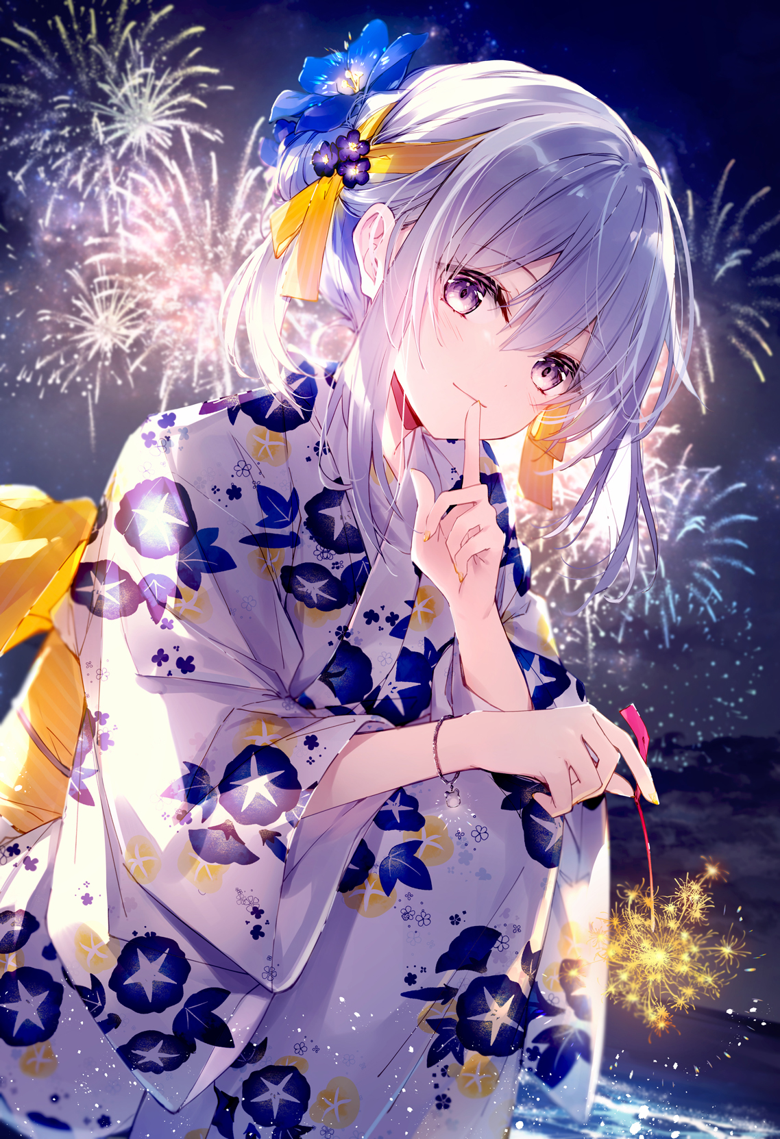 Anime 1138x1663 anime anime girls portrait display fireworks looking at viewer smiling hush gesture short hair flower in hair squatting night bracelets yellow eyes water
