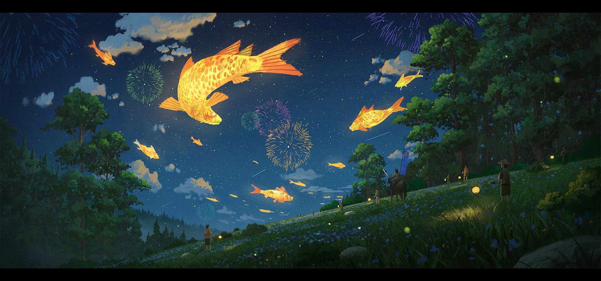 General 1920x900 concept art digital art environment night fish fireworks surreal fantastic realism sky stars trees animals leaves flowers clouds forest nature
